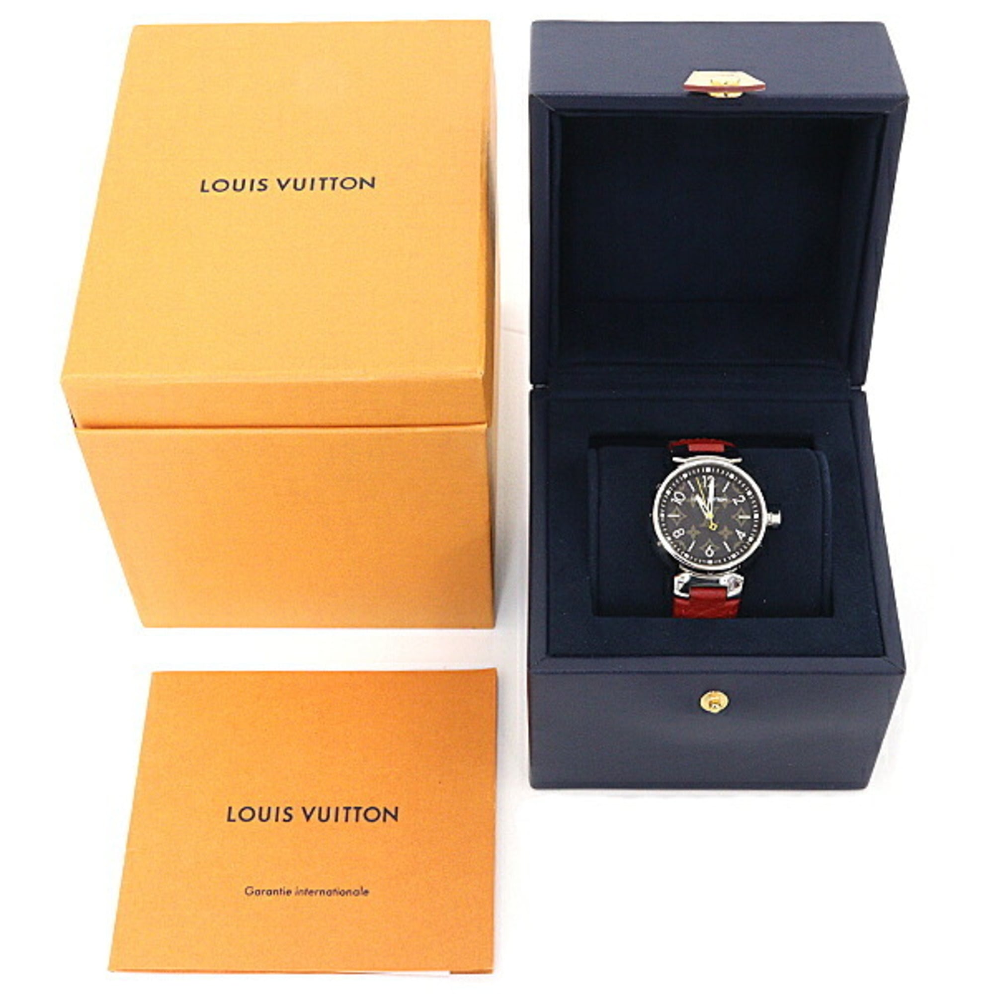 Louis Vuitton women's watch, Tambour QA071, Monogram pattern, brown dial, quartz movement, recently refinished — Very Good