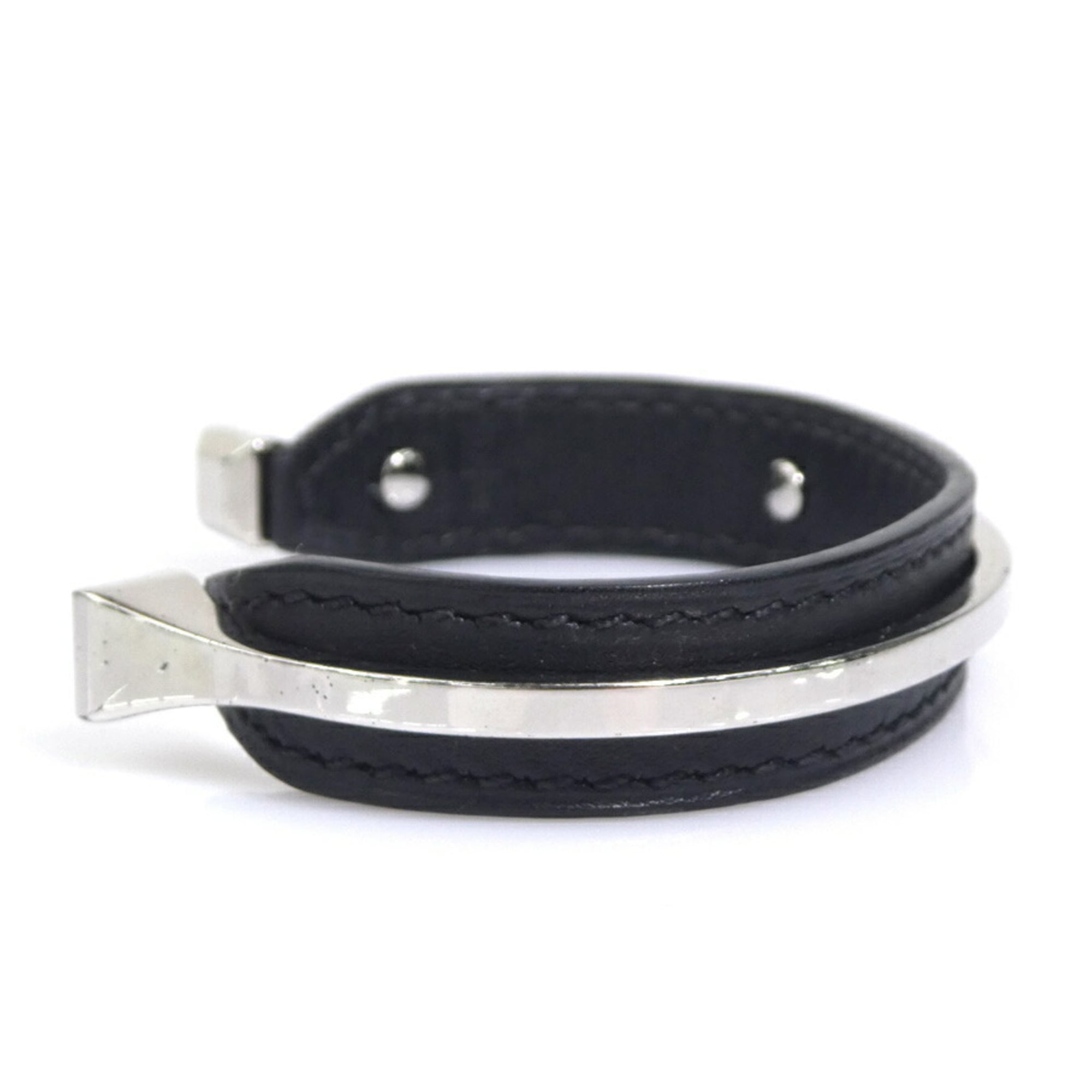 Hermes Hermès Bangle Bracelet in Leather/Metal, Black/Silver, Unisex (e61169a)
