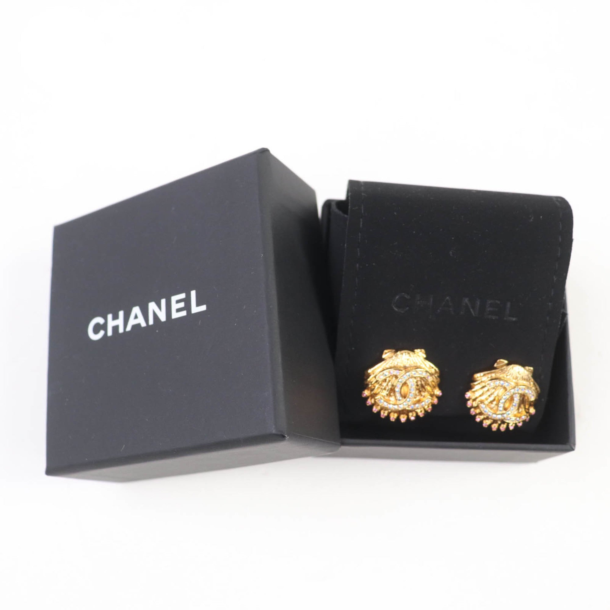 CHANEL G23C Coco Mark Rhinestone Shell Design Earrings, Gold, with Box, Made in France, Women's — Like New