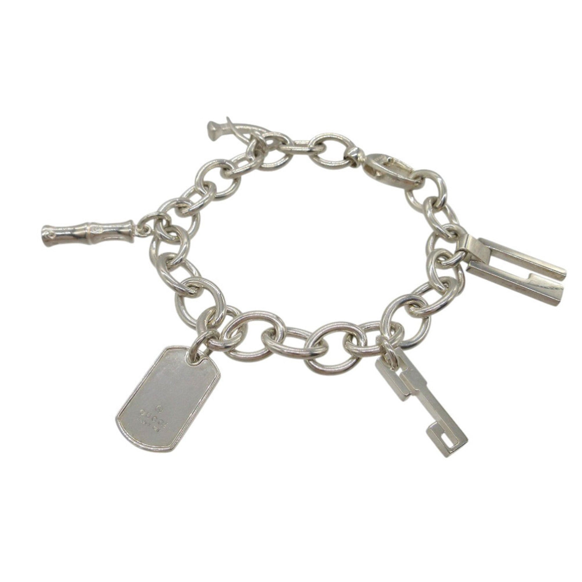 Excellent condition Gucci 5-charm bamboo G logo dog tag icon charm bracelet in 925 silver (0524GUCCI)