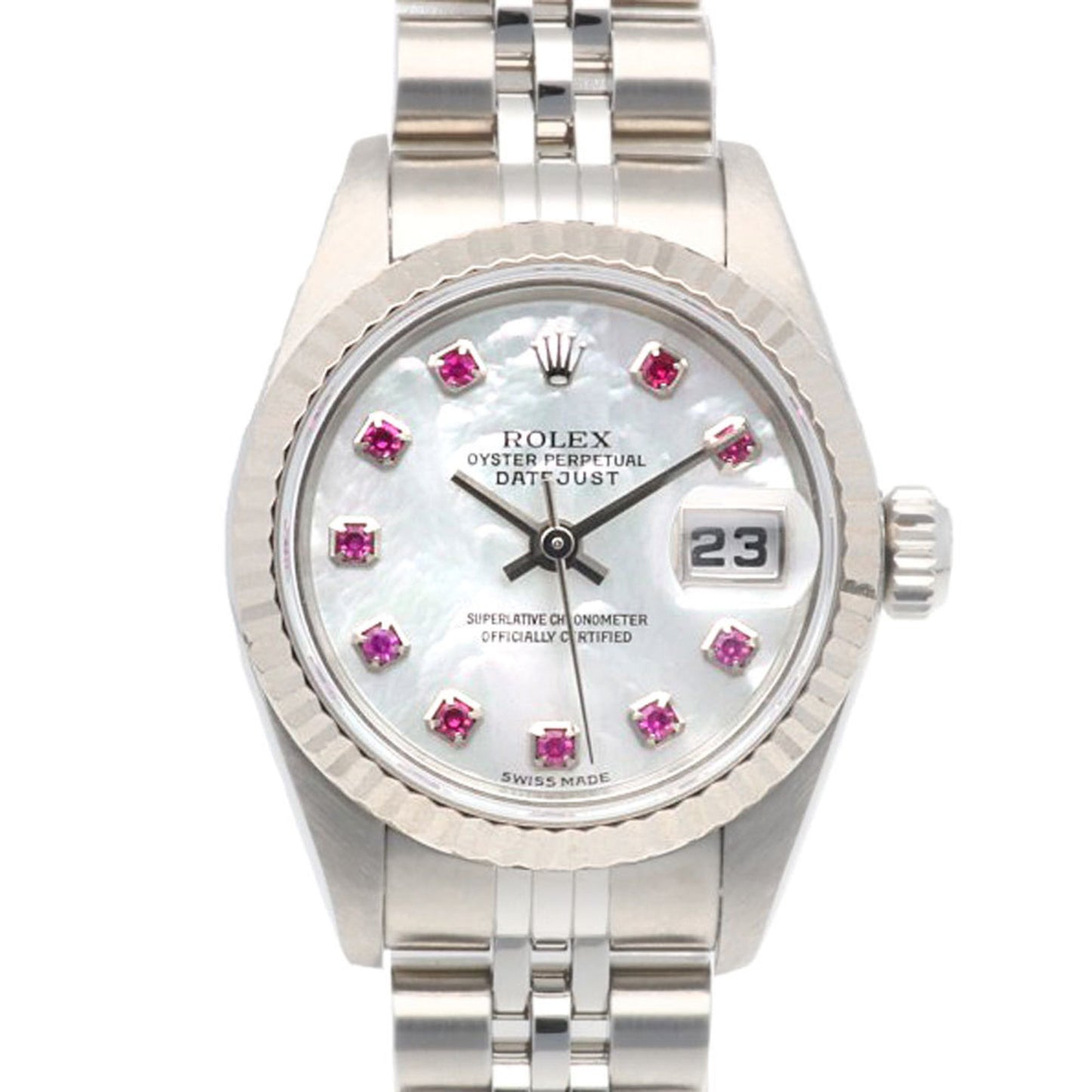 Rolex Datejust Oyster Perpetual Watch, Stainless Steel, Automatic, Women's, 79174NGR, ROLEX F-Serial, 2003-2004 Model, 10 Ruby Beads, White Shell, Overhauled