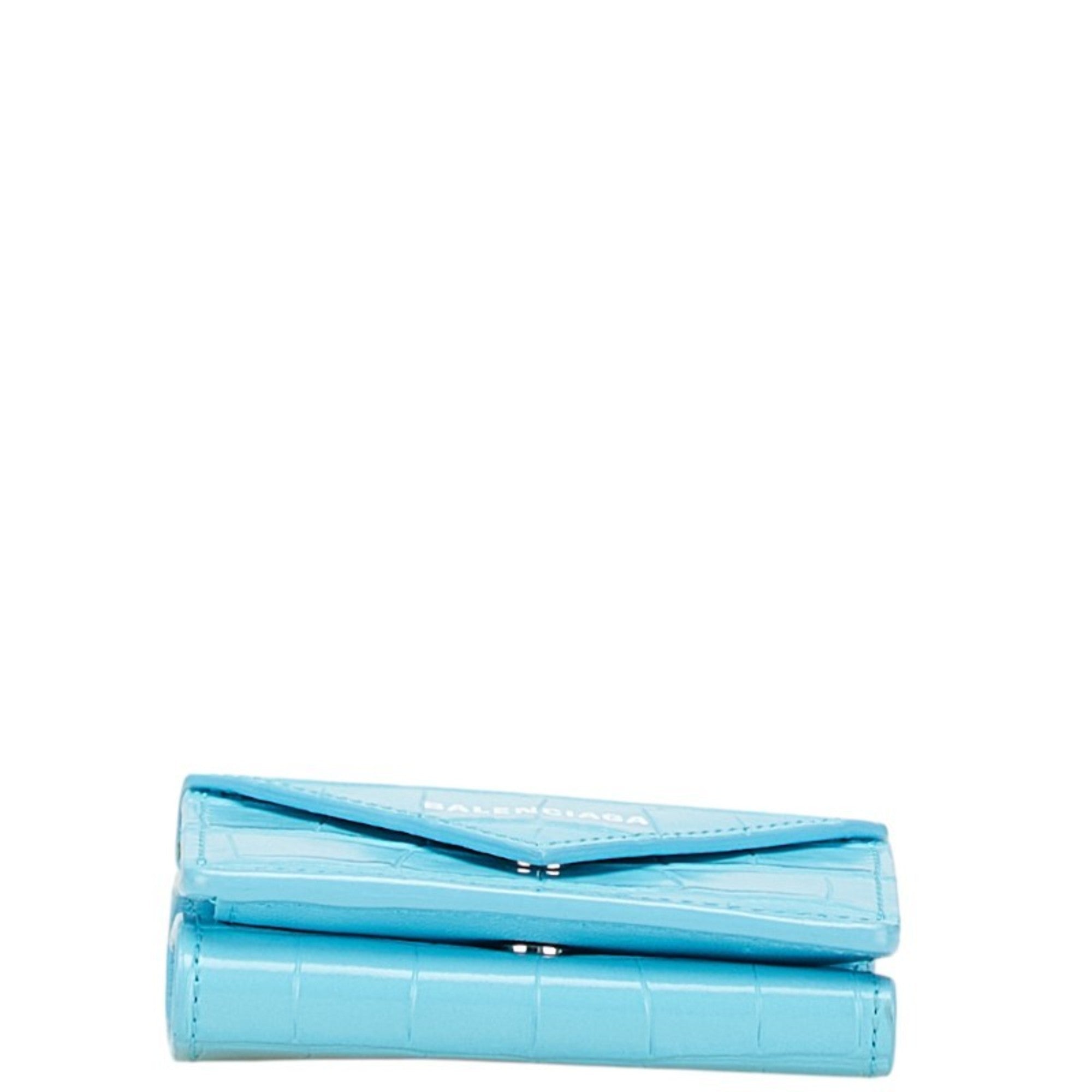 Balenciaga Paper Mini Wallet, Crocodile Embossed Tri-fold Compact Light Blue Leather, 391446, Women's