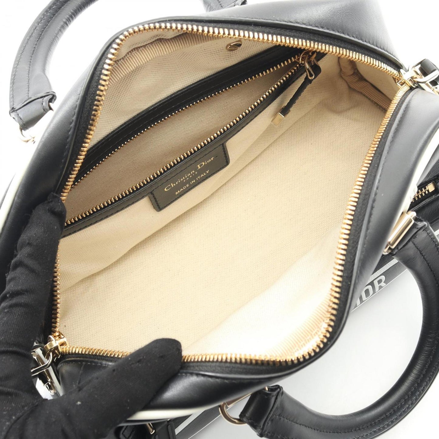 Christian Dior Dior VIBE Small Bowling Bag, Leather, Women's, Black and White, M6209OOBR