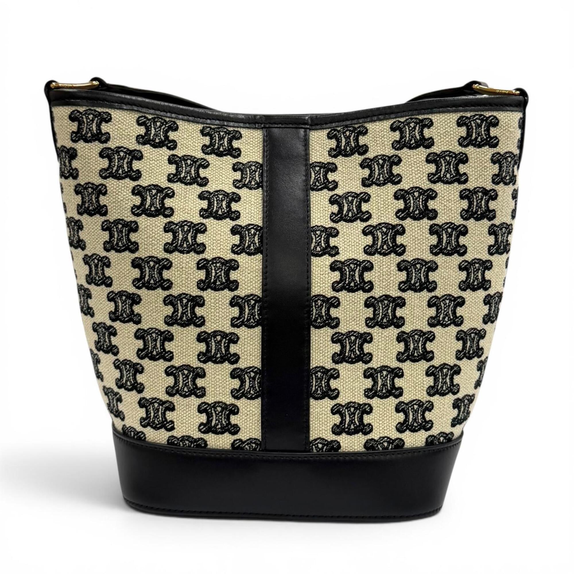 CELINE 19144 Small Bucket Triomphe Canvas & Calfskin Shoulder Bag, Off-White/Black, Made in Italy, Women's — Like New