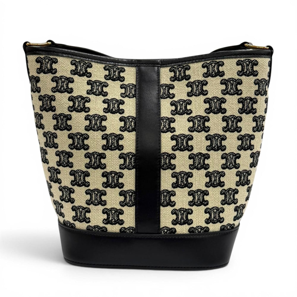CELINE 19144 Small Bucket Triomphe Canvas & Calfskin Shoulder Bag, Off-White/Black, Made in Italy, Women's — Like New