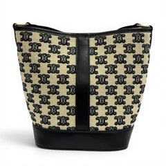 CELINE 19144 Small Bucket Triomphe Canvas & Calfskin Shoulder Bag, Off-White/Black, Made in Italy, Women's — Like New
