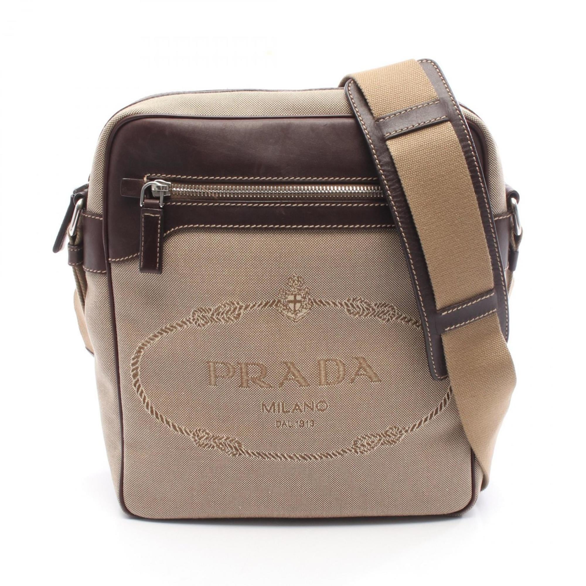 Prada Logo Jacquard Shoulder Bag, Canvas and Leather, Women's, Beige Brown, 46022