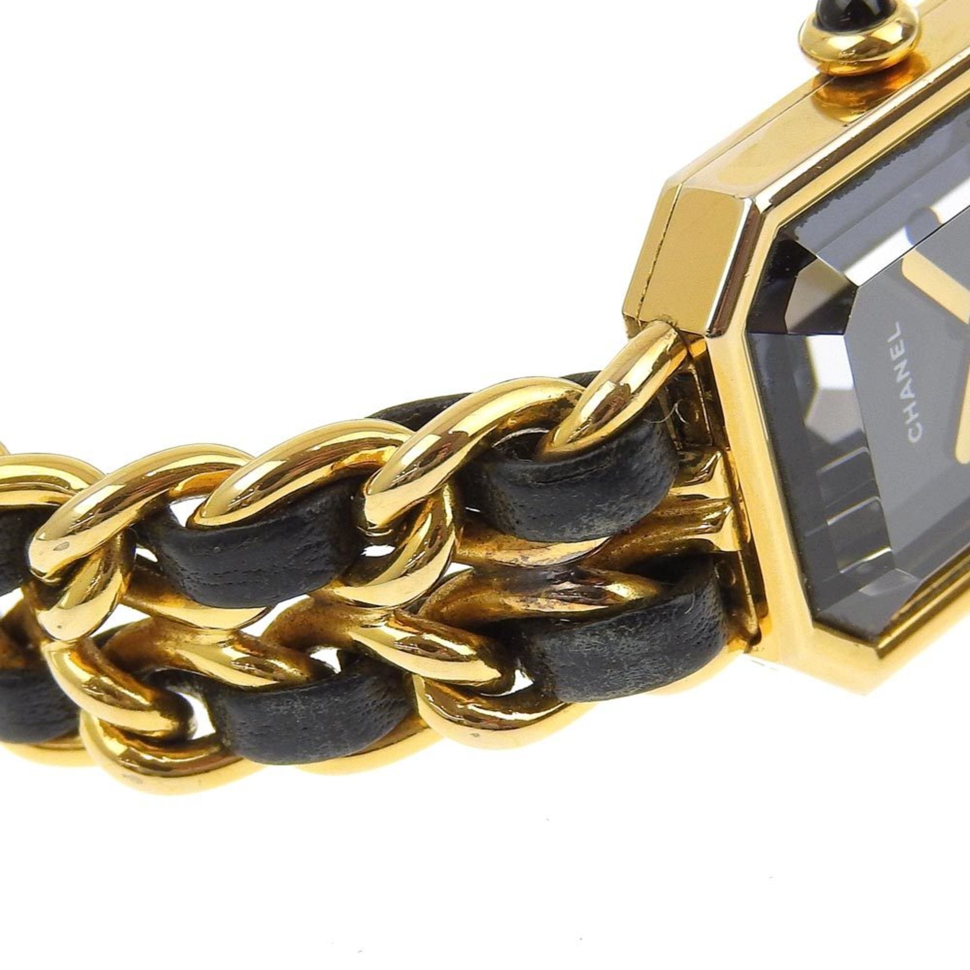 CHANEL Premiere L Watch, Gold-plated x Leather, Quartz, Analog Display, Black Dial, L, Women's — Good