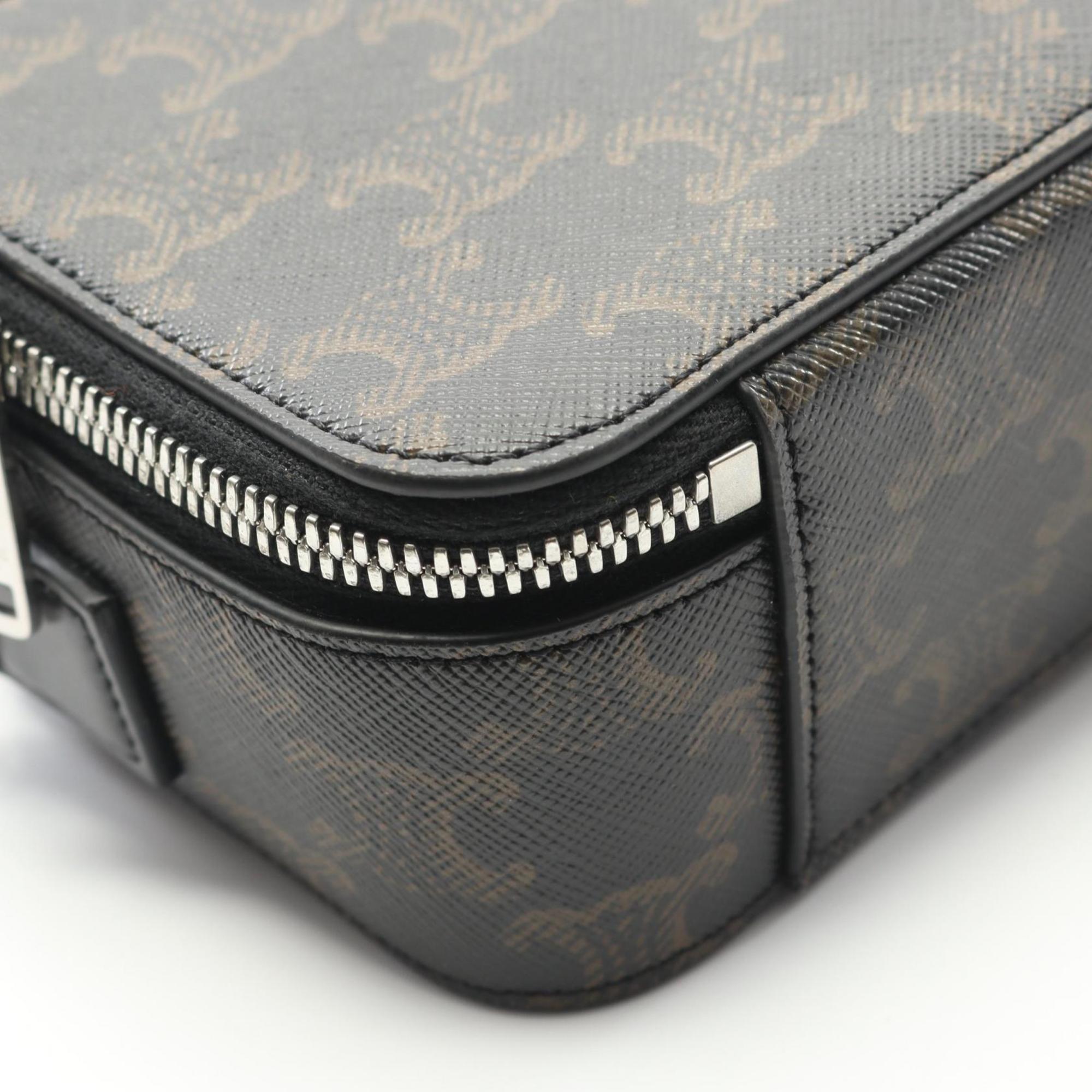 Celine Triomphe shoulder bag in coated canvas and leather, men's, black brown, 114902EVJ