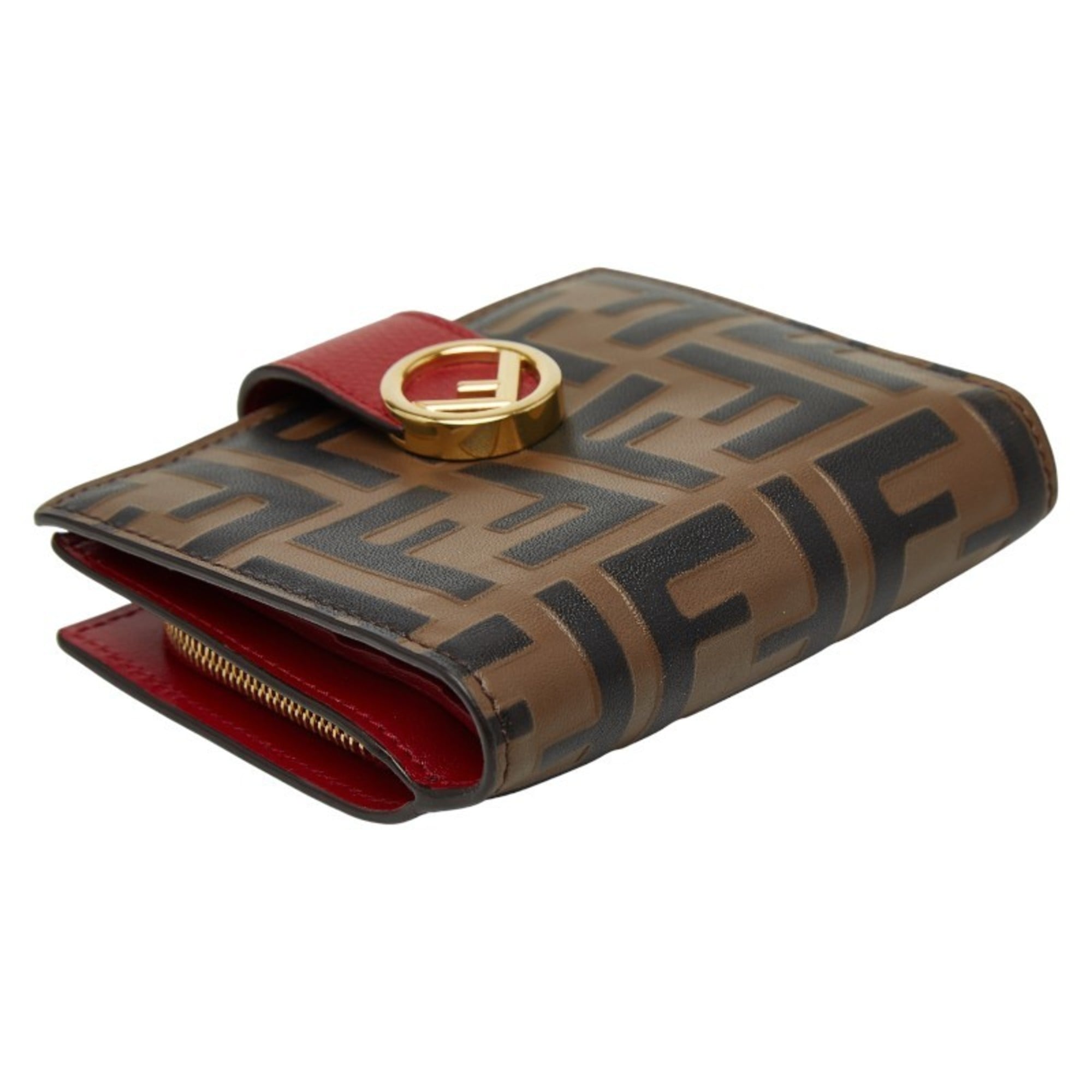 FENDI F is Zucca Bifold Wallet 8M0386 Brown and Red Leather Women's