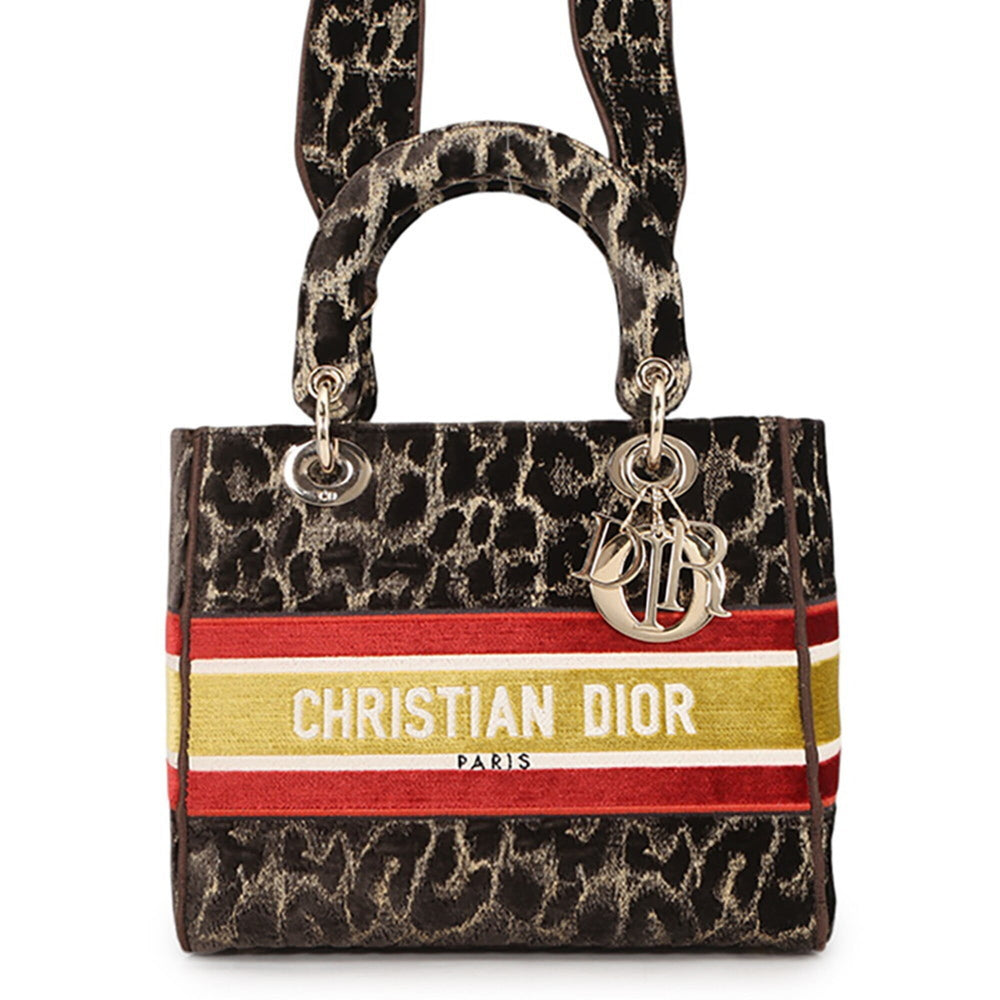 Christian Dior Lady D-Lite Medium Velvet Handbag M0565OTGT 2-way Leopard Print for Women — Like New