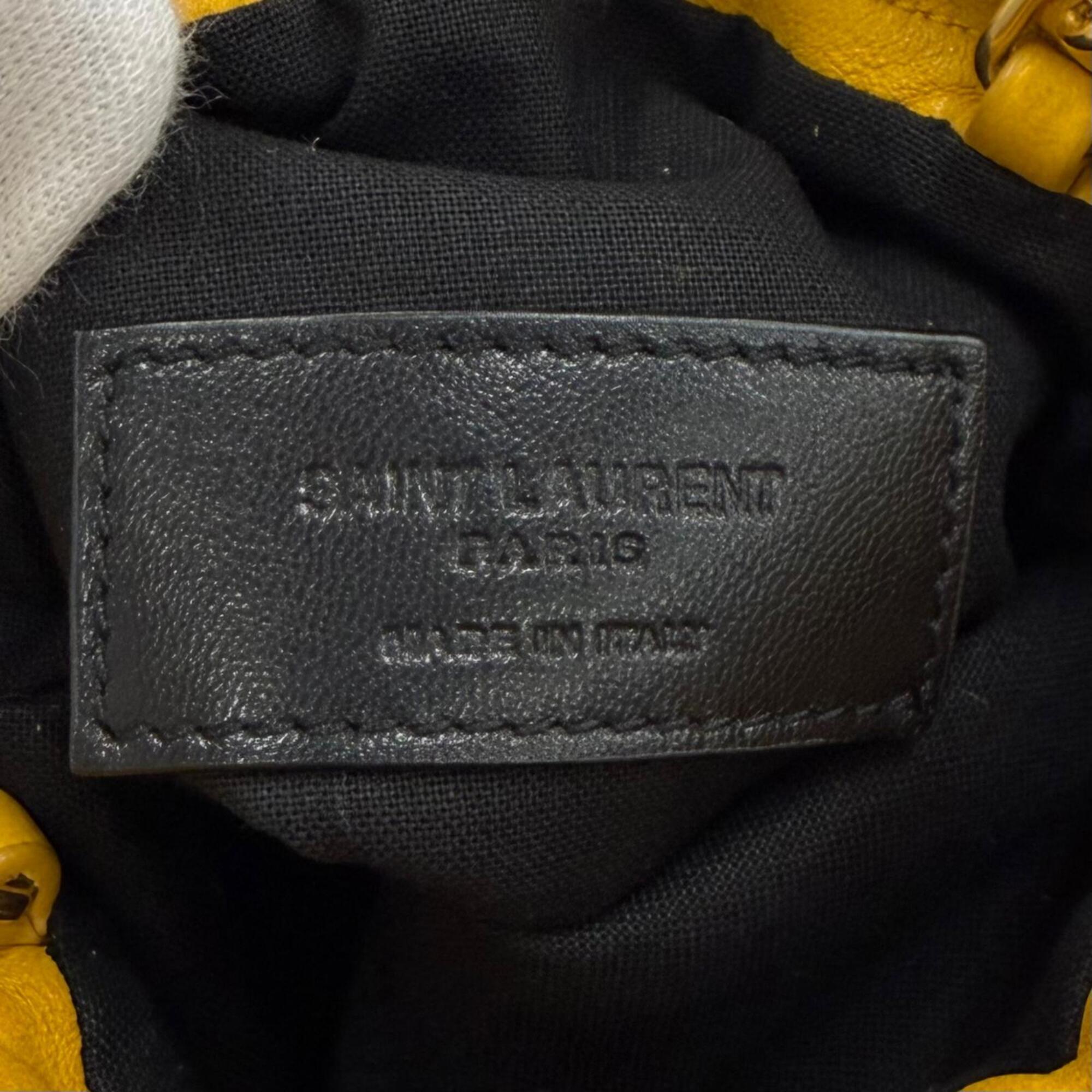 Yves Saint Laurent SAINT LAURENT PARIS 640714 Drawstring Leather Chain Shoulder Bag, Yellow, Made in Italy, Women's, with Dust Bag — Like New