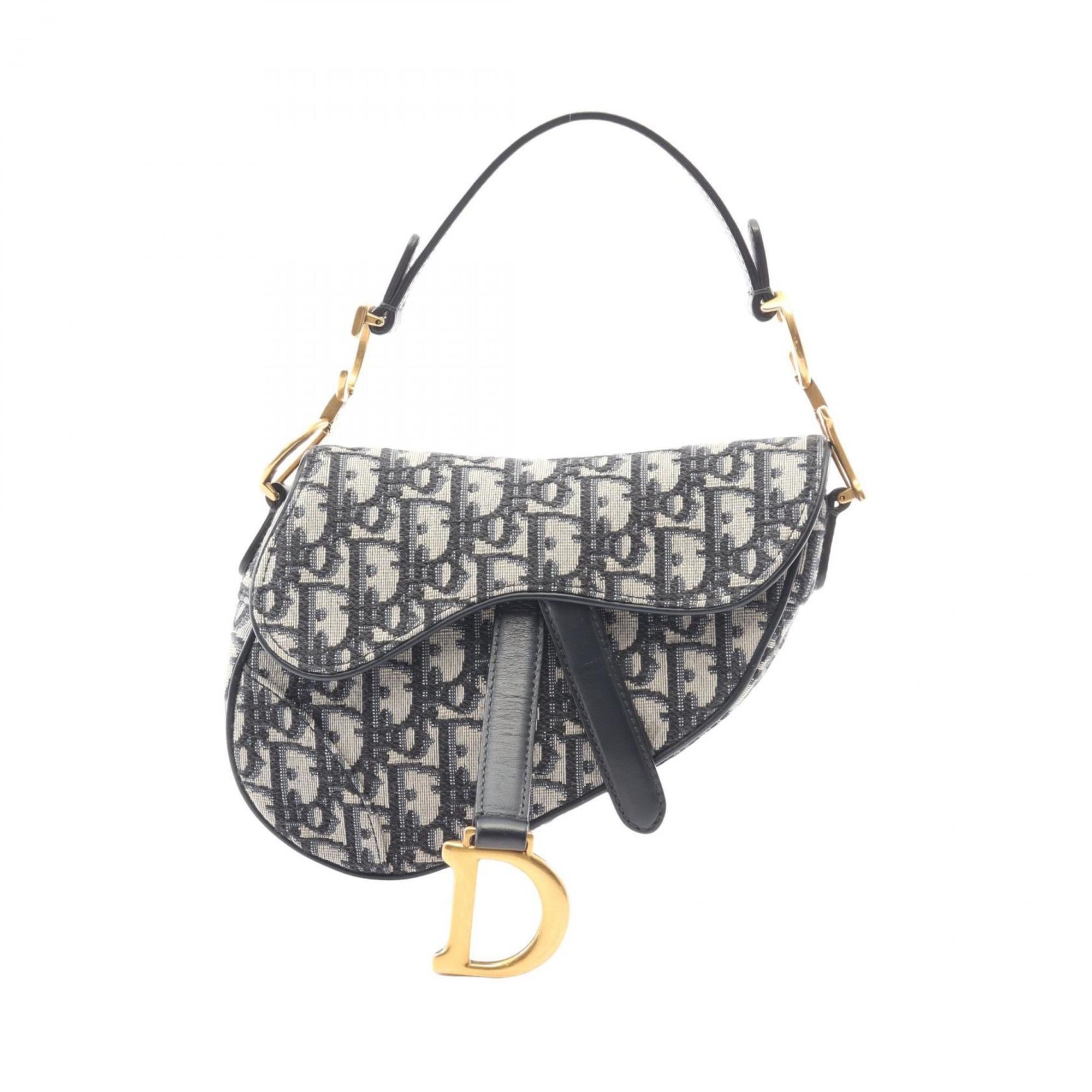 Christian Dior Dior Saddle Bag Mini Oblique Jacquard Handbag Canvas Leather Women's Ivory Navy