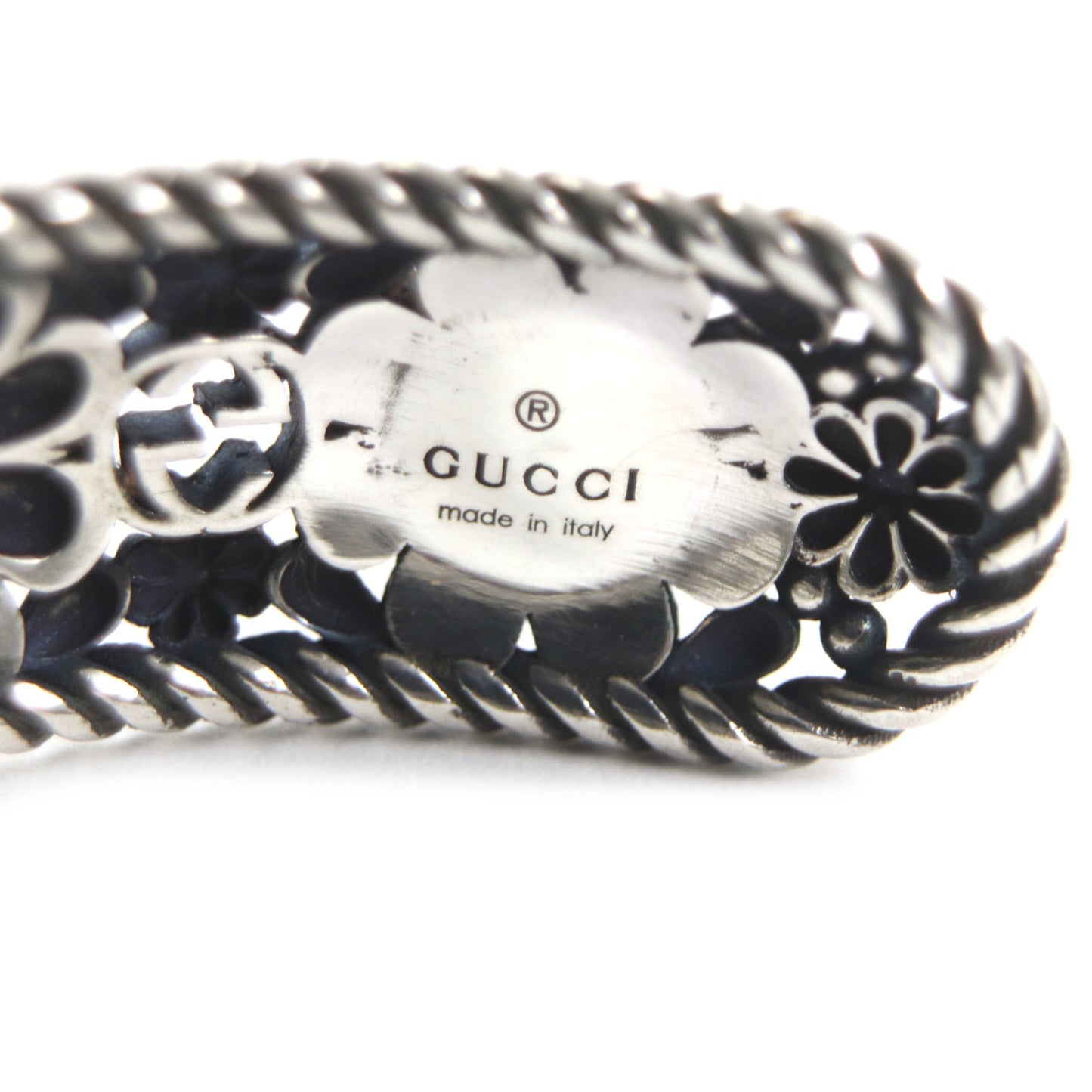 GUCCI Crystal Floral Interlocking G Bangle Bracelet, AG925 Silver, Green, Size 16, Includes Box and Dust Bag, Made in Italy, Weight 24.8g, Men's