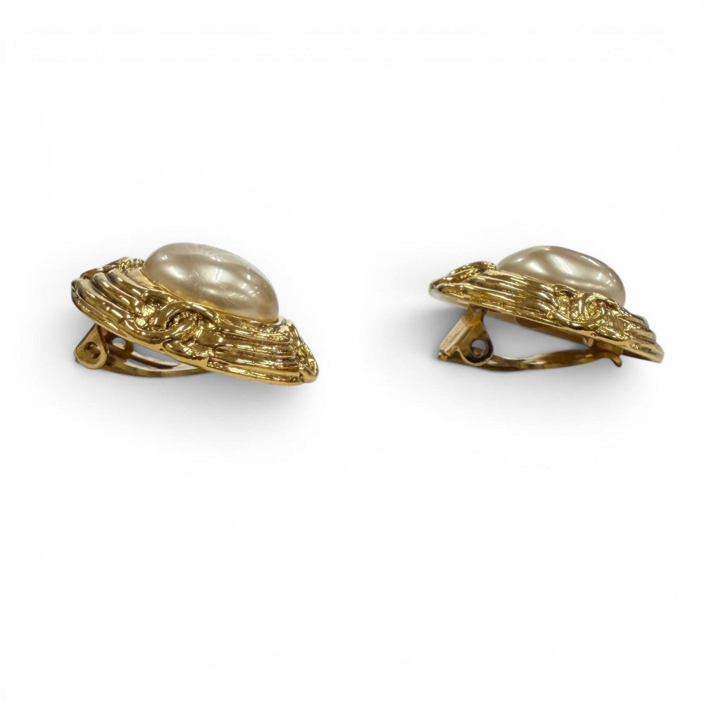 CHANEL Vintage 93A Faux Pearl Coco Mark Earrings, Gold and Ivory, Made in France, Women's, with Box — Like New