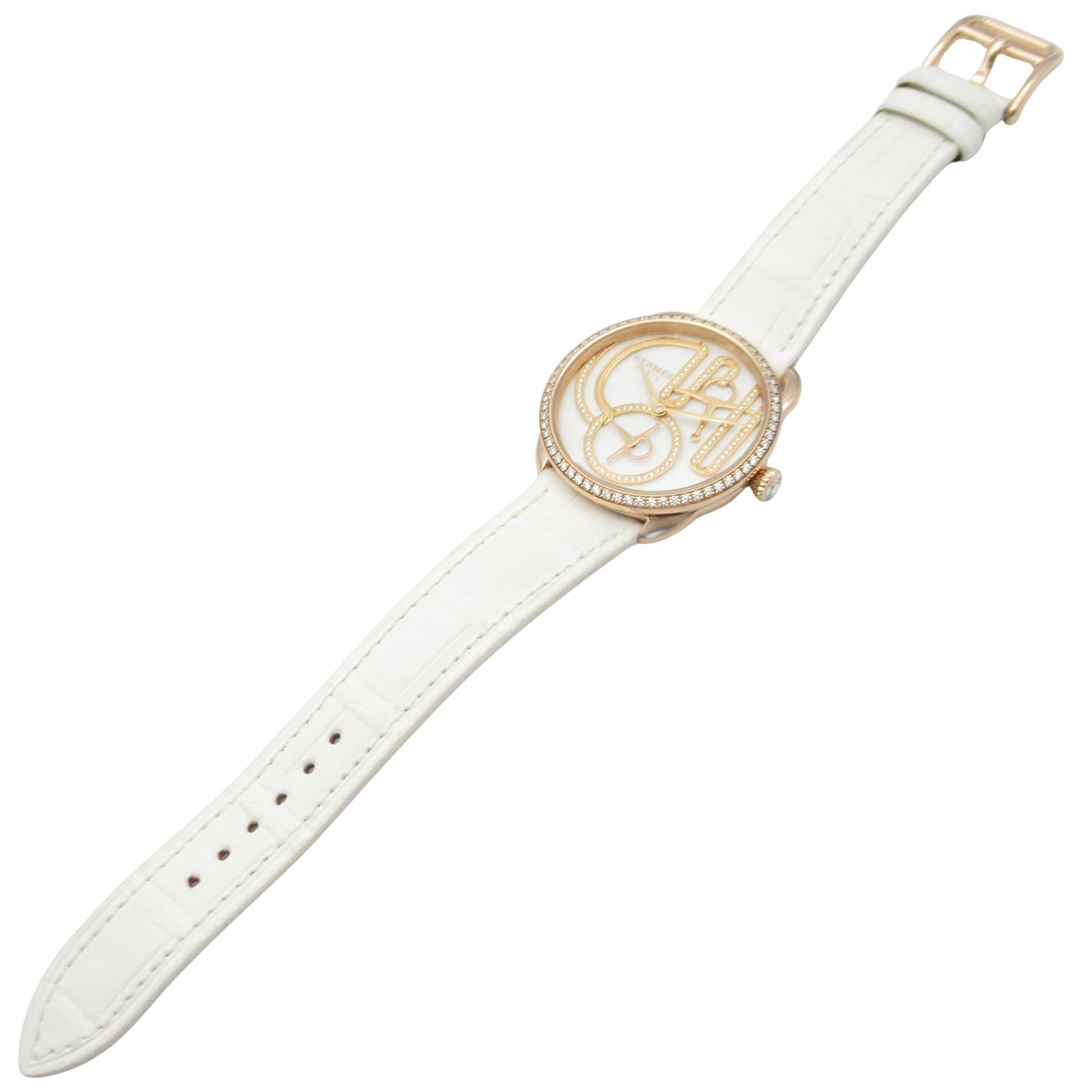 Hermes Arceau Grande Turarara Bride et Maure Watch, 18K Pink Gold (PG), Diamond, Leather Strap, Women's, White (AR12.671) — Very Good