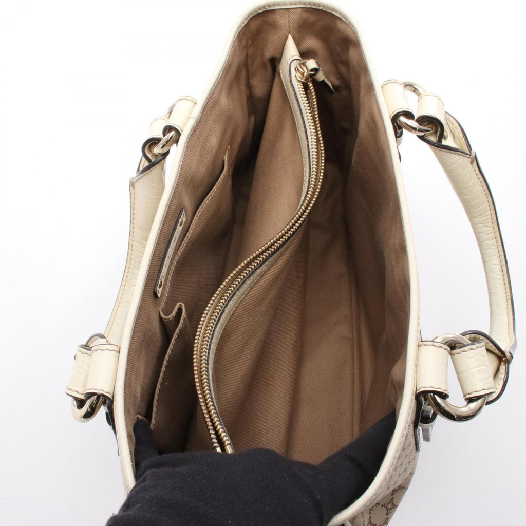 Celine Boogie Bag Macadam Handbag, Canvas and Leather, Women's, Beige White