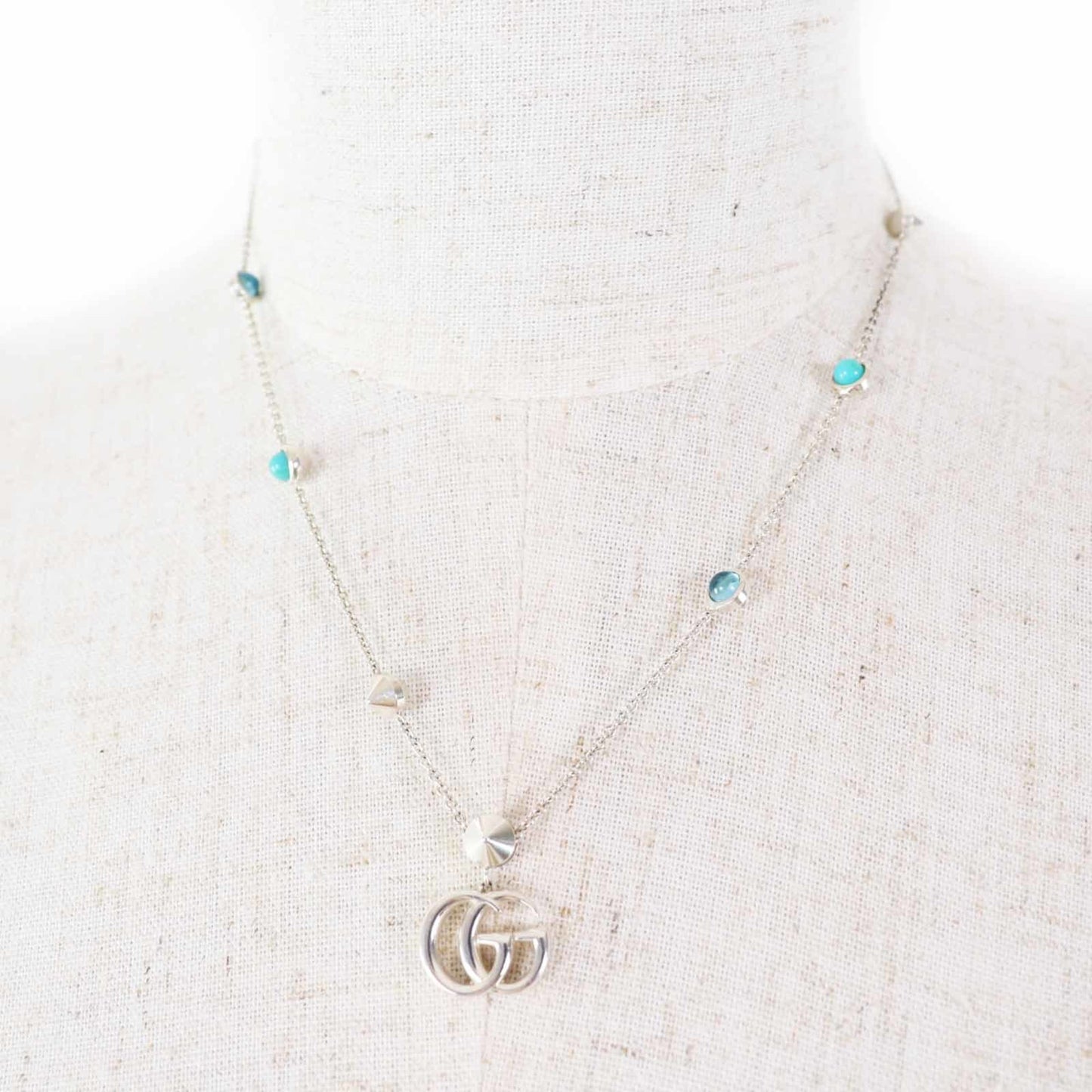 GUCCI 527399 Double G Mother-of-Pearl Necklace, Current Model, AG925, Colored Stones, Silver, Light Blue, Made in Italy, Weight 10.6g, Women's