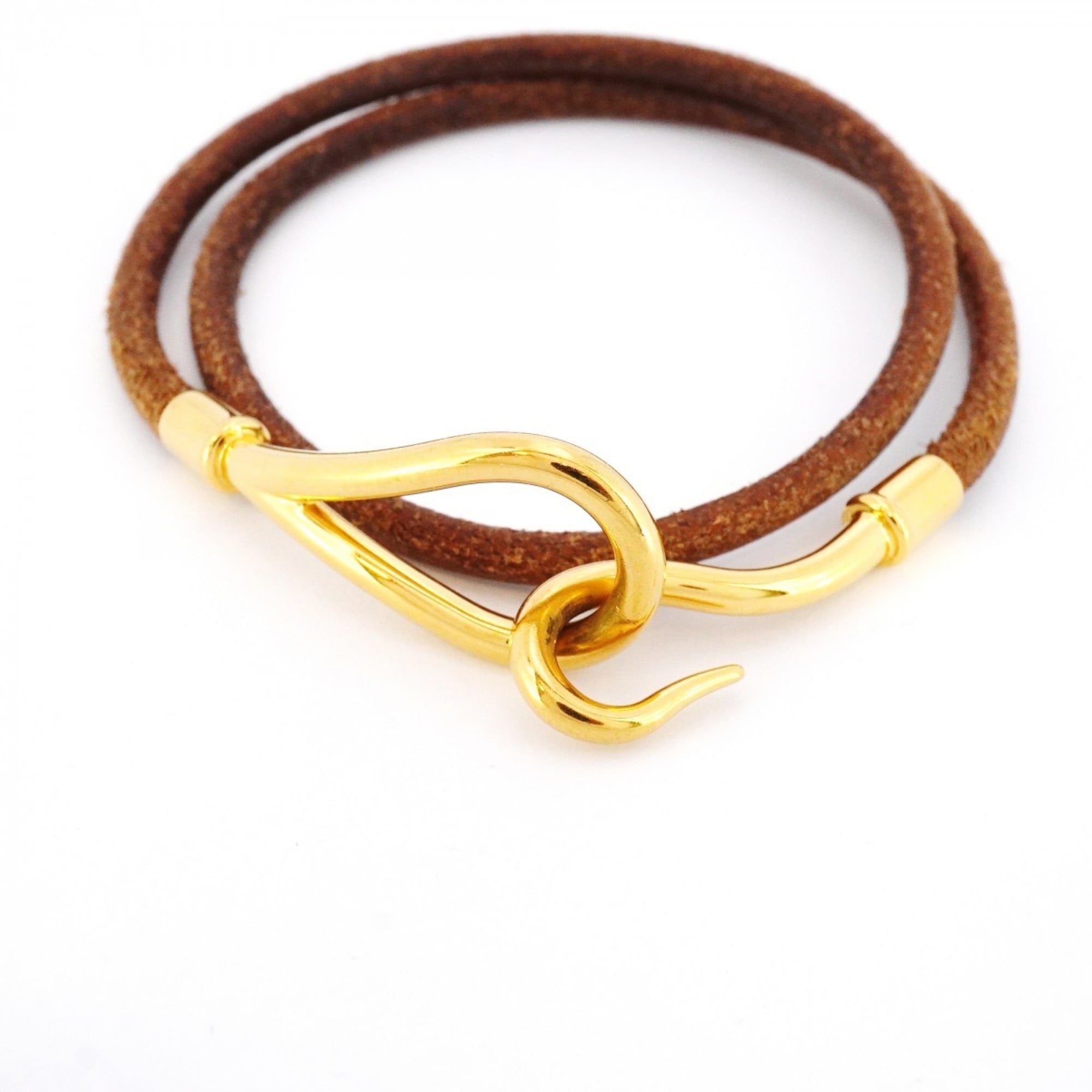 Hermes Jumbo Hook Bracelet, GP Plated Leather, Gold, Brown, Women's
