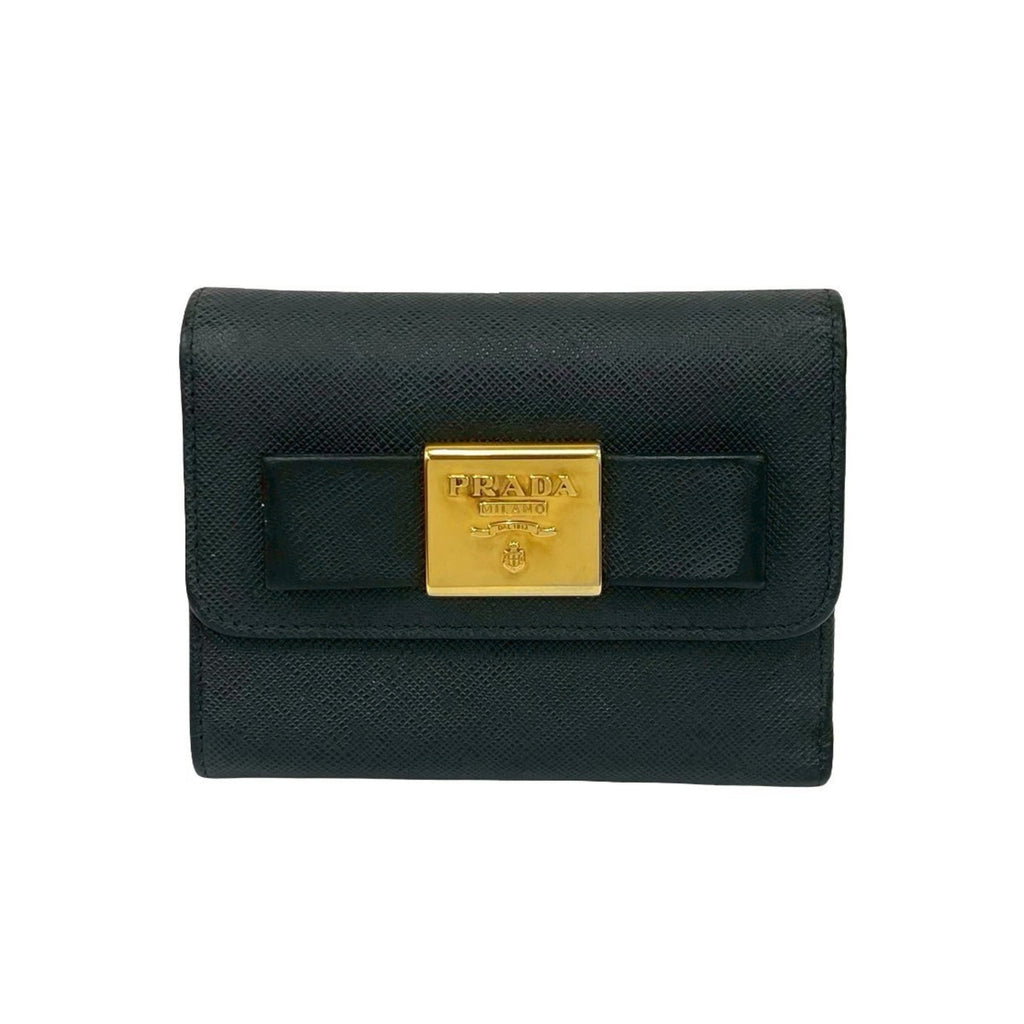 PRADA Prada Logo Ribbon Motif Saffiano Leather Tri-Fold Wallet Black 22218