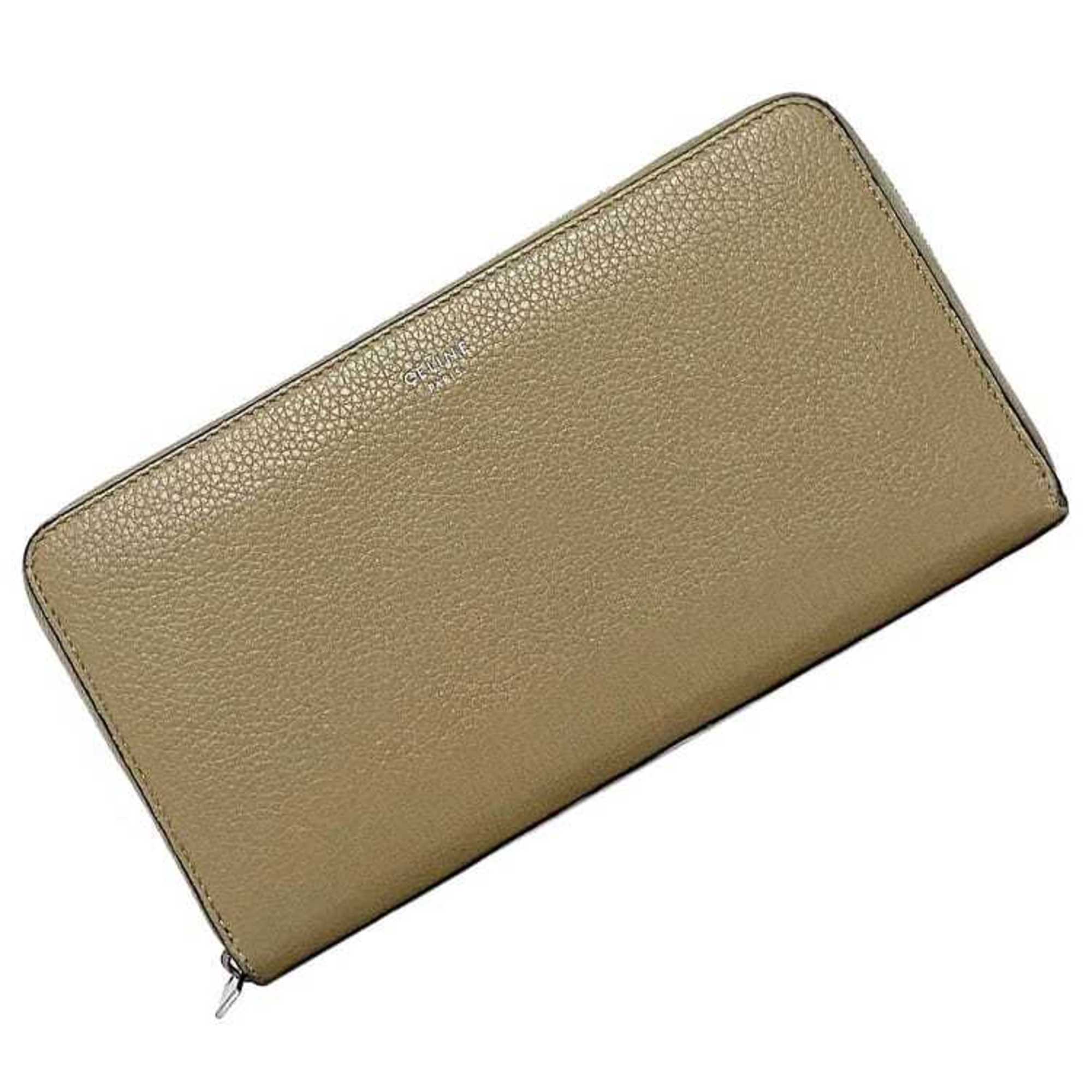 CELINE Round Long Wallet Beige Red Silver Leather Zip Ladies