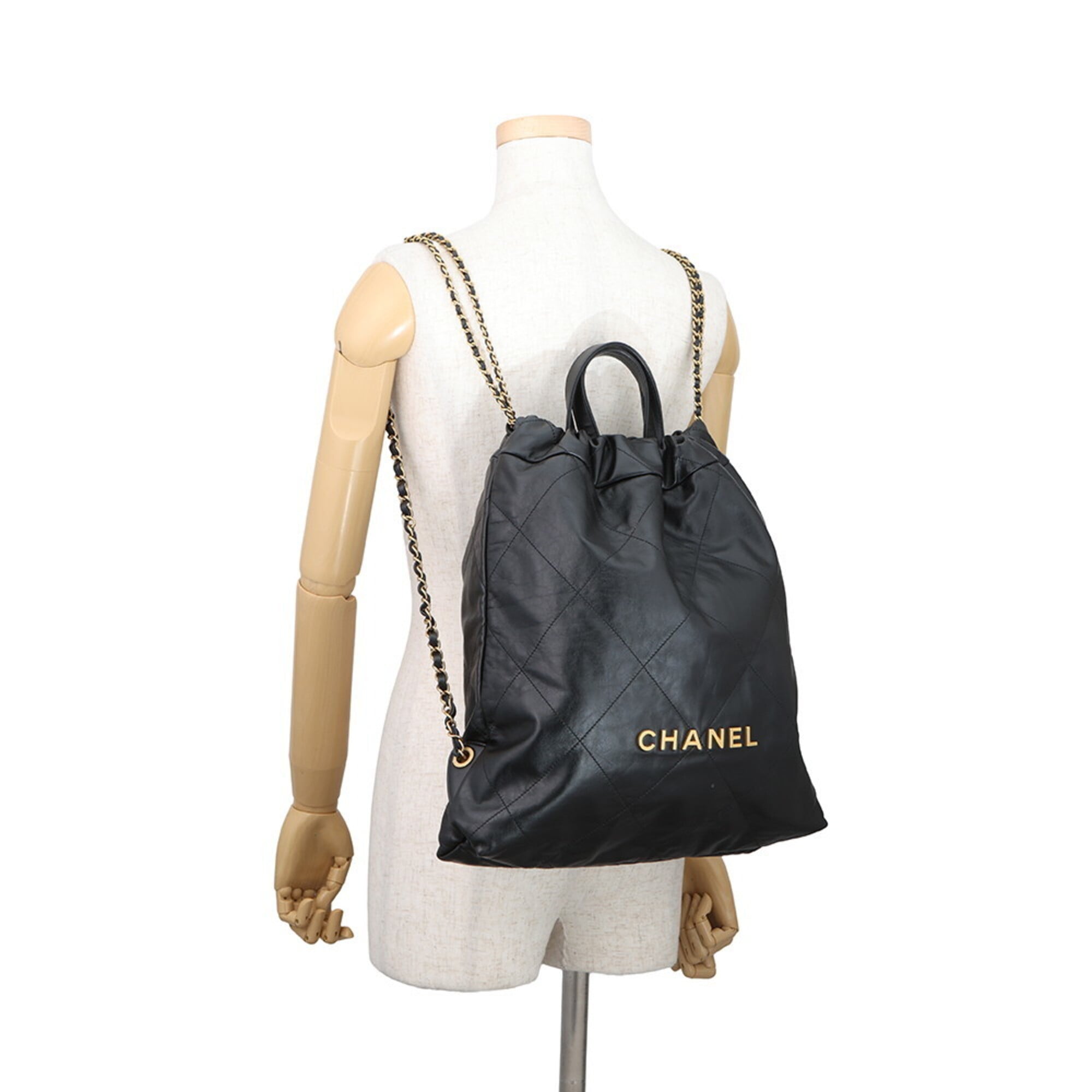 Chanel Backpack, 22 Large, Shiny Calf Leather AS3313, CHANEL Handbag, Black, Women's — Like New