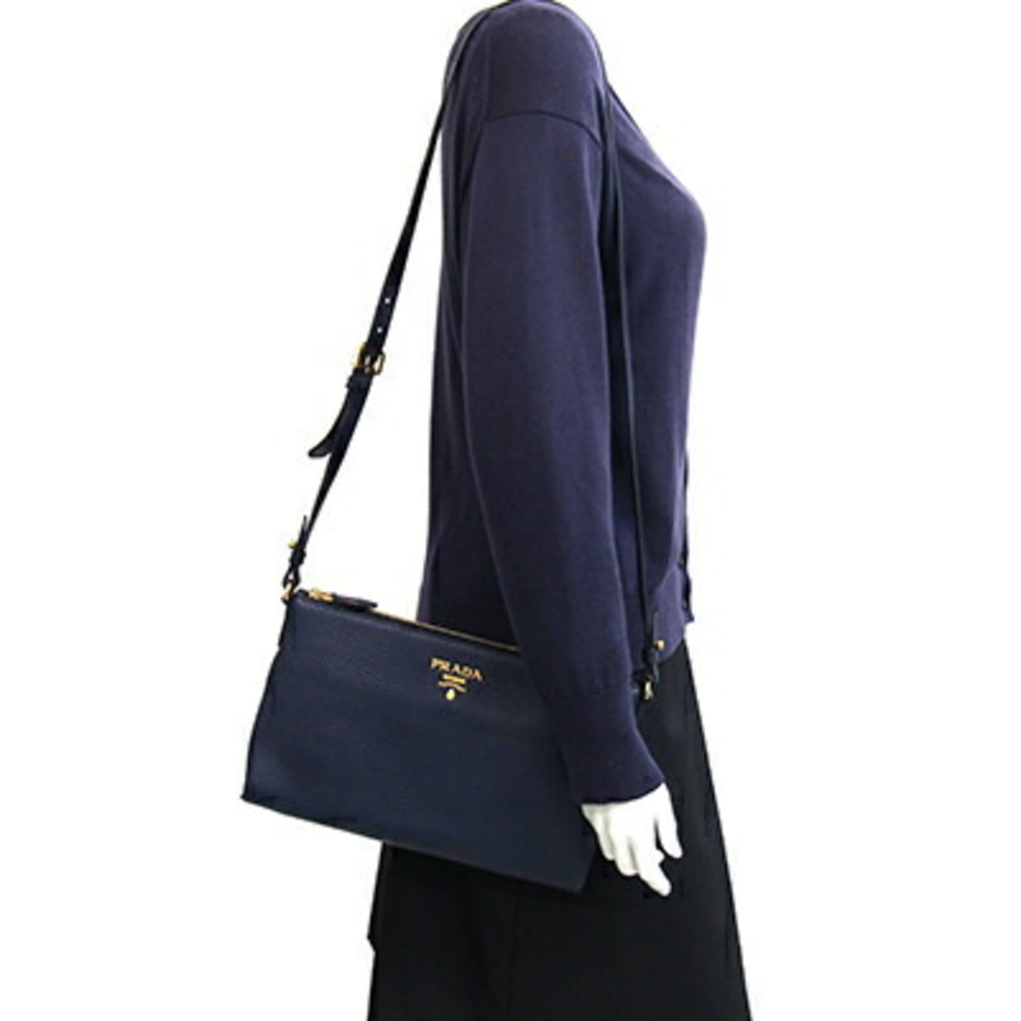 Prada Shoulder Bag 1BH050 Navy Leather Crossbody for Women