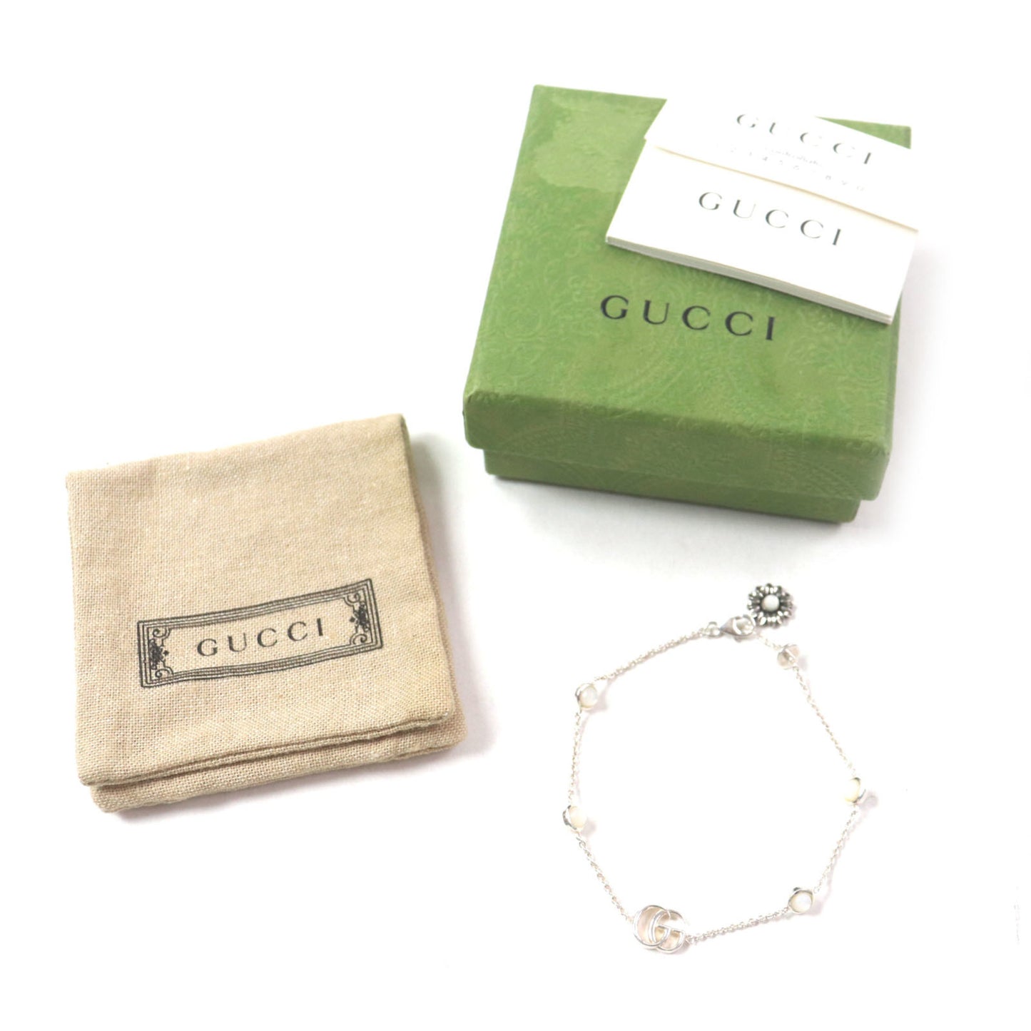 GUCCI 527393 Double G Mother-of-Pearl Flower Chain Bracelet, SV925 Silver, White, Size 17, Includes Dust Bag, Made in Italy, Weight 5.56g, Women's