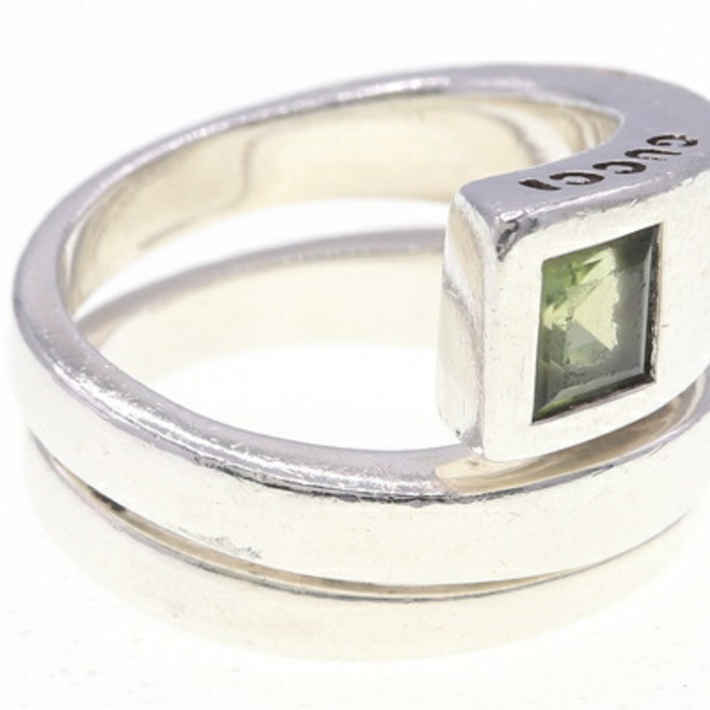 Gucci Spiral Ring in Sterling Silver (925) with Peridot and Green Stones, Size 8/US 4.5