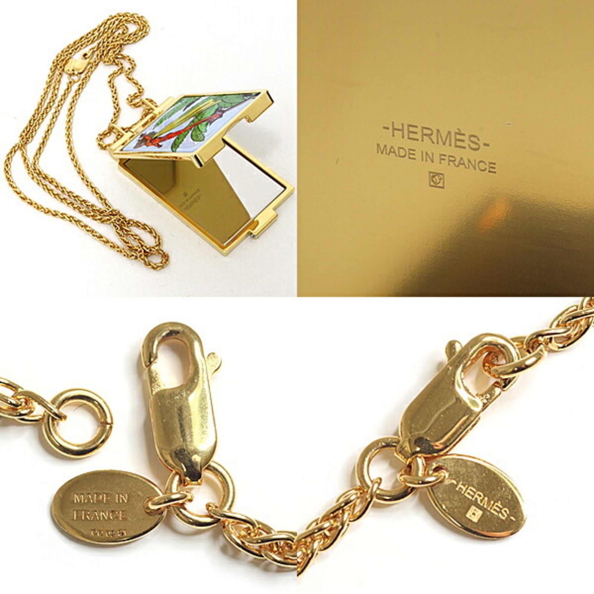 HERMES On the Beach Mirror Compact Pendant Necklace, Gold Multicolor — Like New