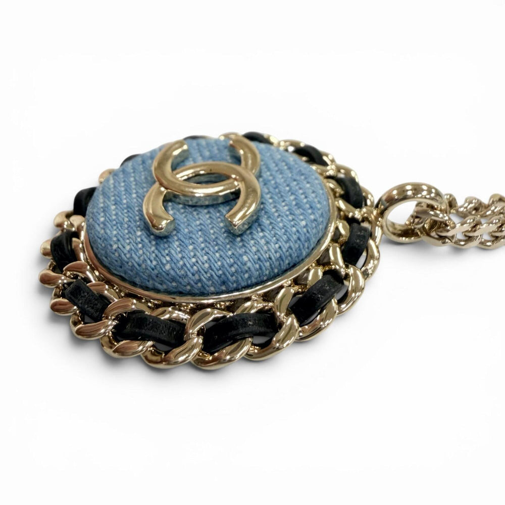 CHANEL (2025 model) B25P Coco Mark Denim Design Chain Necklace, Indigo Blue, Gold Hardware, Made in Italy, Women's — Like New