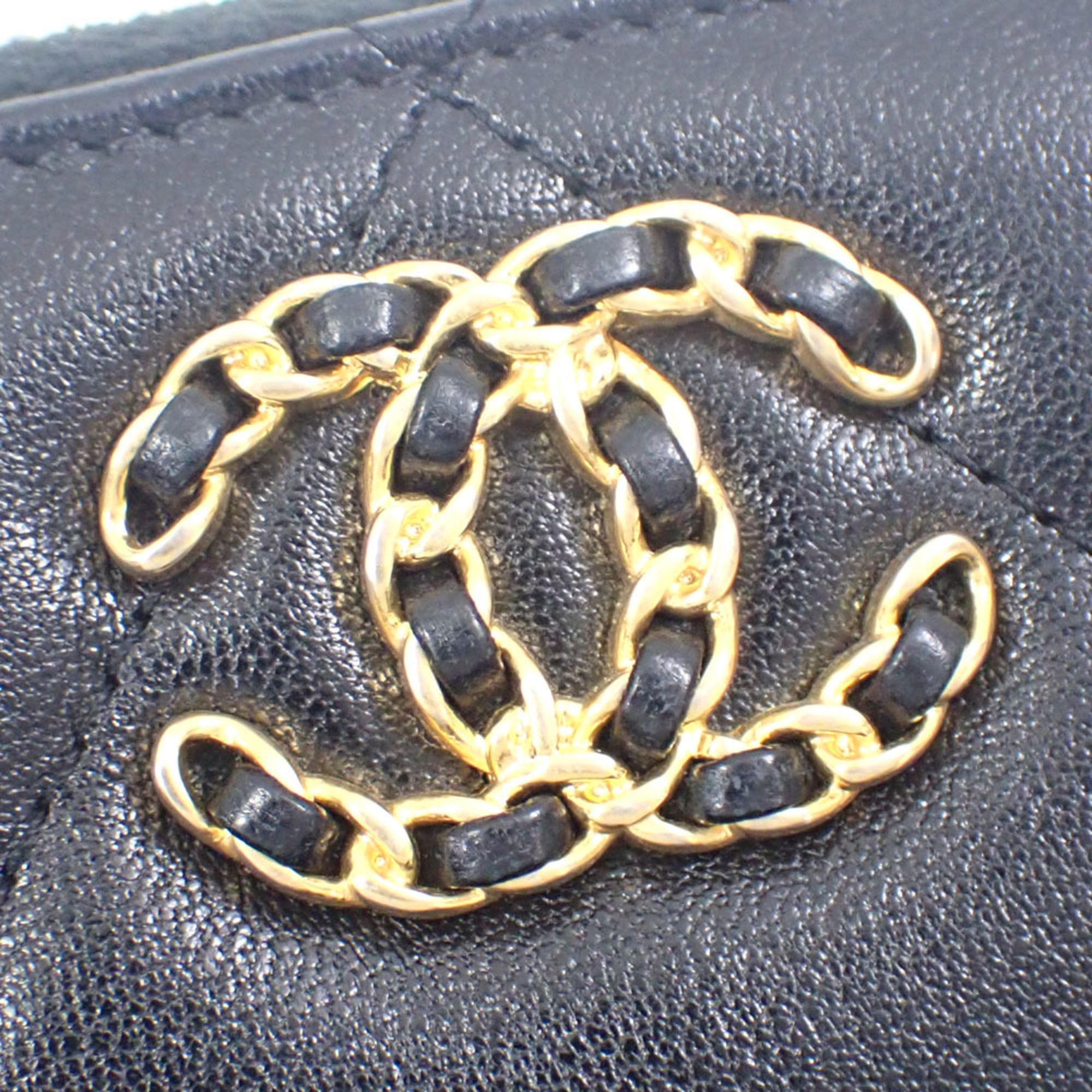 Chanel 19 Coin Case, Women's, Black Leather, AP0949, Round Coco Mark, Disneuf