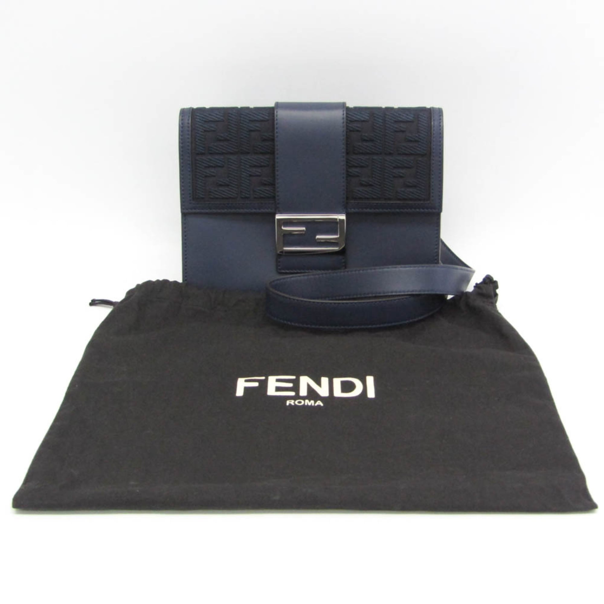 Fendi Flat Baguette Medium 7VA524 Women's Leather,Canvas Shoulder Bag Navy — Like New