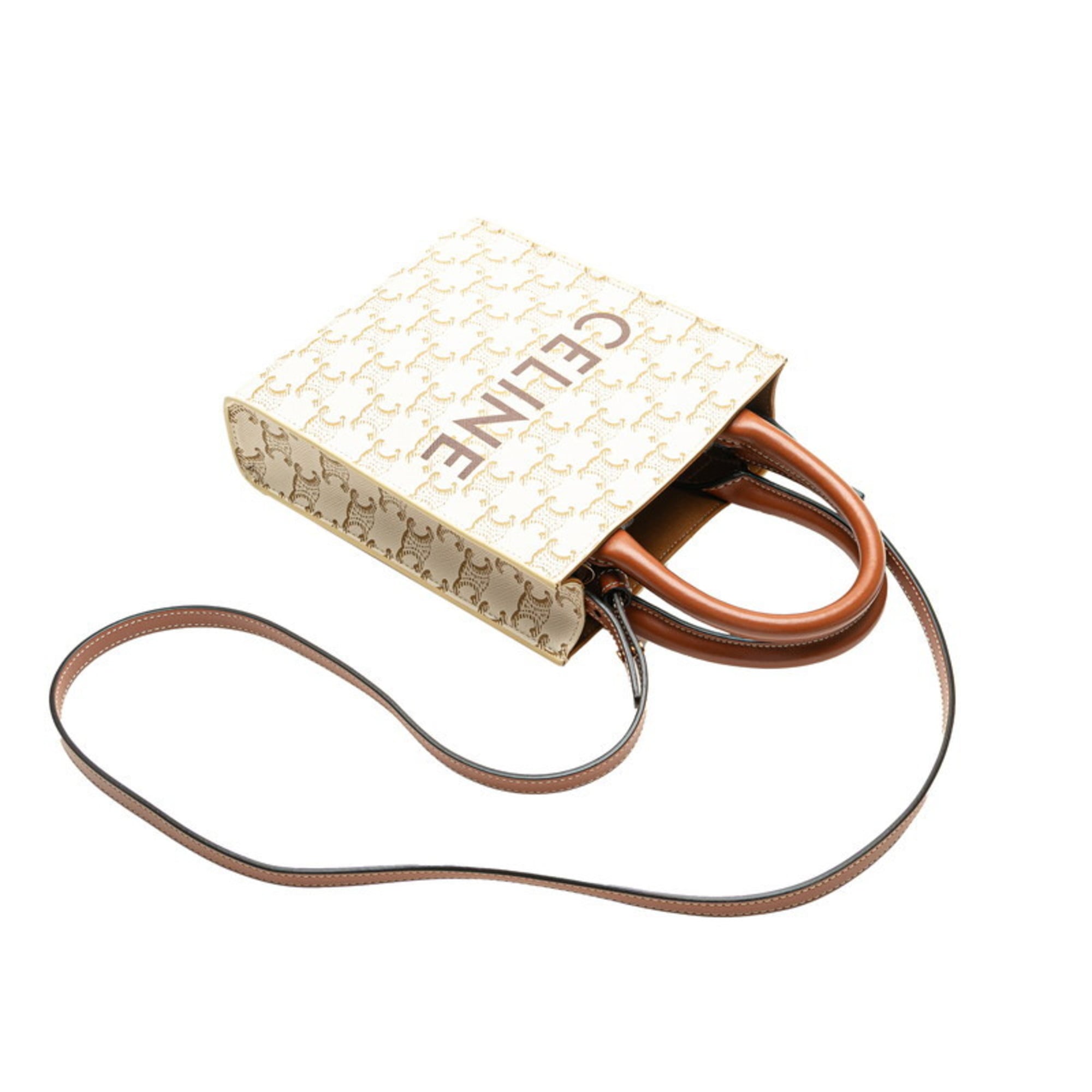 Celine Triomphe Mini Vertical Cabas Handbag/Shoulder Bag, 2-Way, White/Brown Leather, Women's, CELINE