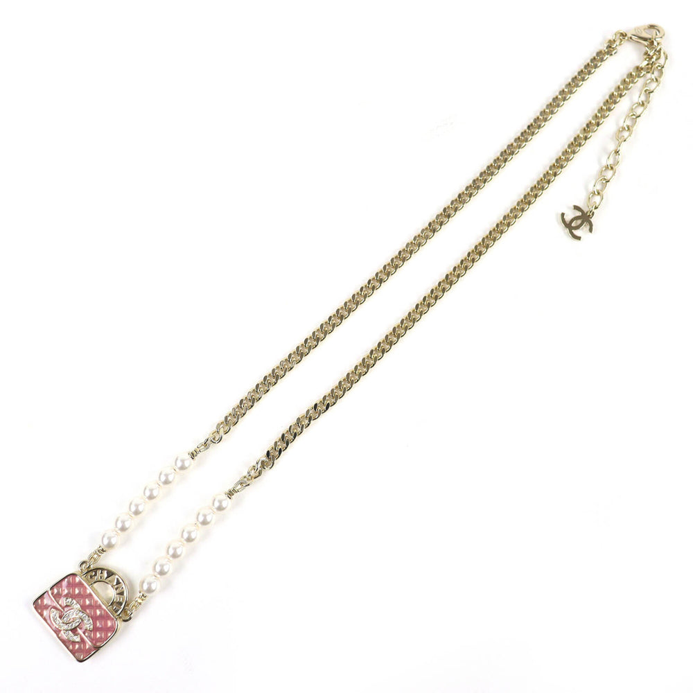 CHANEL (Chanel) 2024 Model B24S ABD331 B16656 Coco Mark Rhinestone Matelassé Bag Motif Faux Pearl Logo Necklace Champagne Gold Pink Comes with Box Made in Italy Women's — Like New
