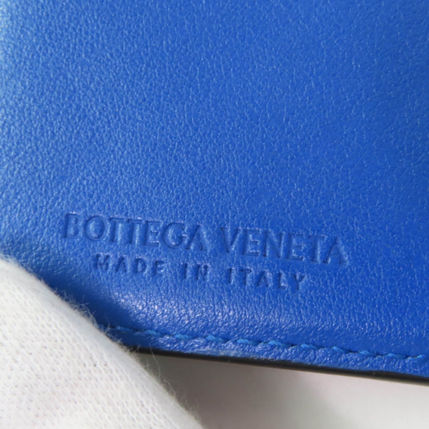 BOTTEGA VENETA Leather Intrecciato Tiny Tri-fold Wallet, Compact Black/Blue, Box and Dust Bag Included, Made in Italy, Women's