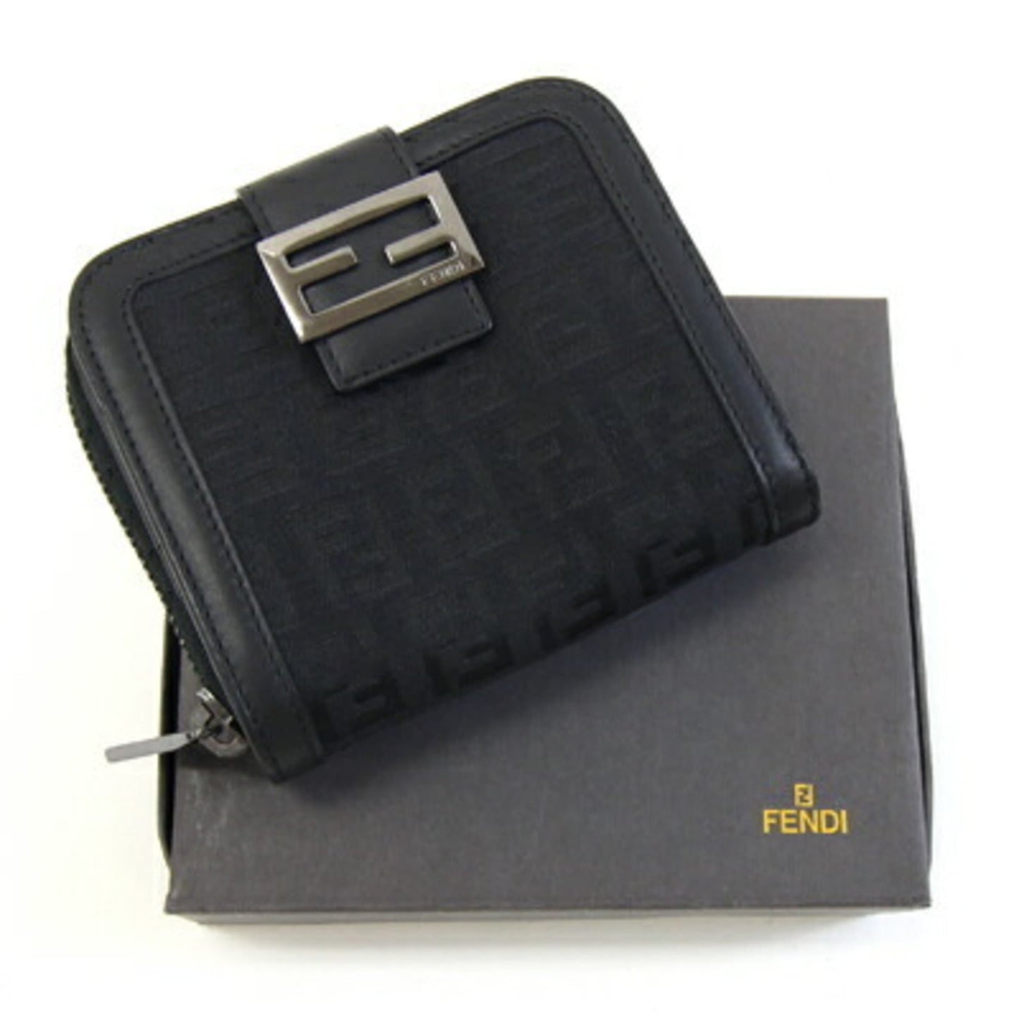 Fendi Zucchino Bifold Wallet 8M0070 Black Canvas and Leather Compact Mini for Women