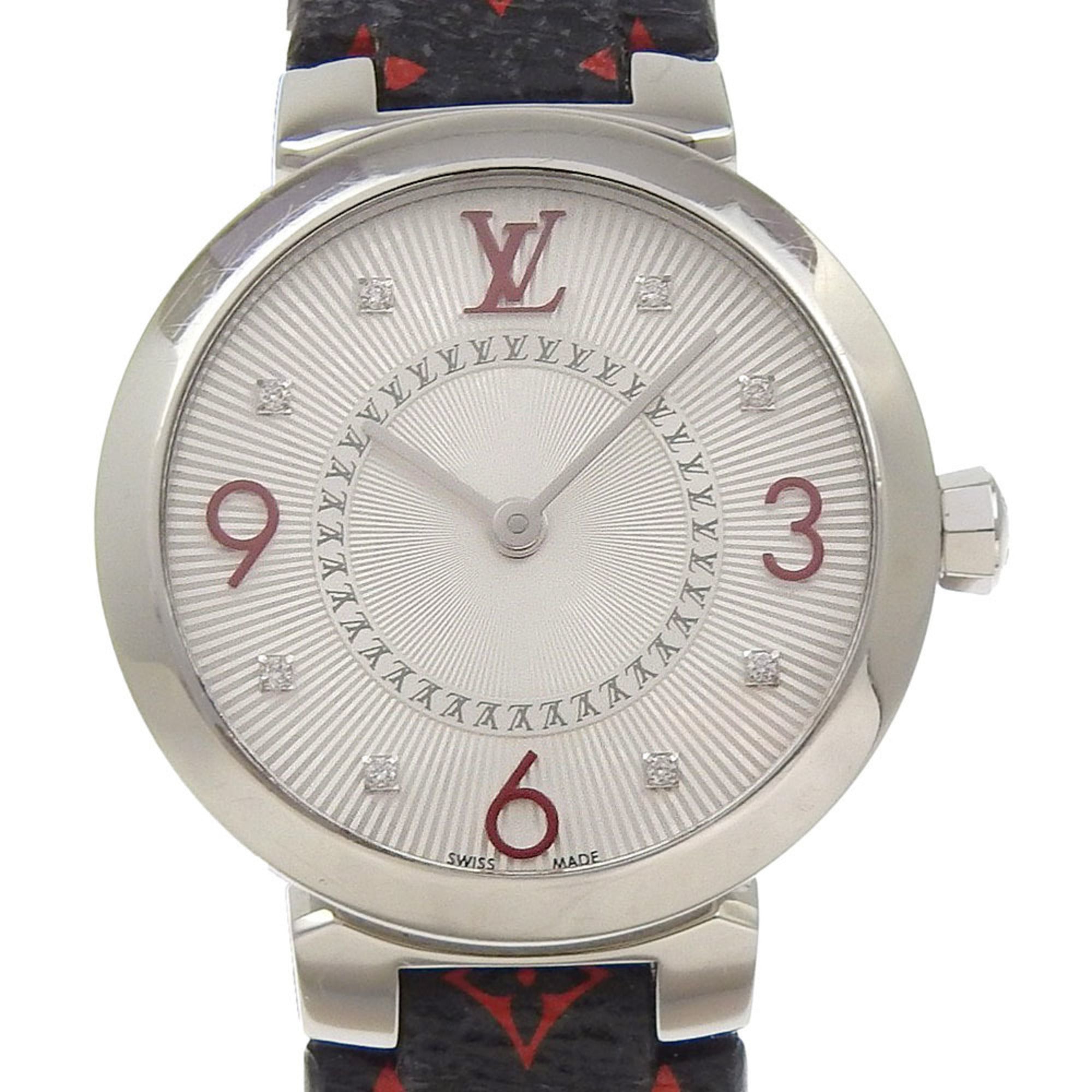 Louis Vuitton Tambour Slim Watch, 8 Diamonds, Q12MGA, Stainless Steel and Leather, Quartz Movement, Analog Display, Silver Dial, Women's — Very Good