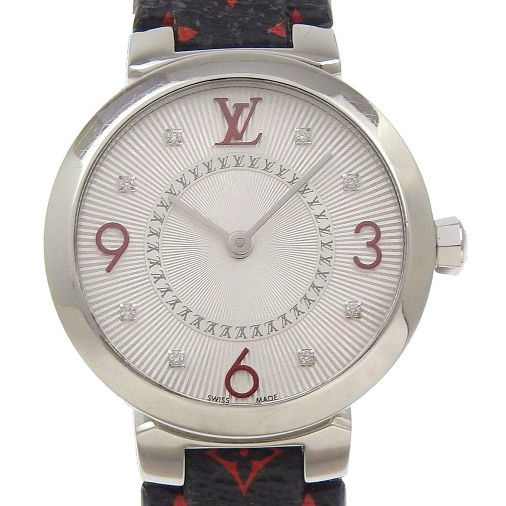 Louis Vuitton Tambour Slim Watch, 8 Diamonds, Q12MGA, Stainless Steel and Leather, Quartz Movement, Analog Display, Silver Dial, Women's — Very Good
