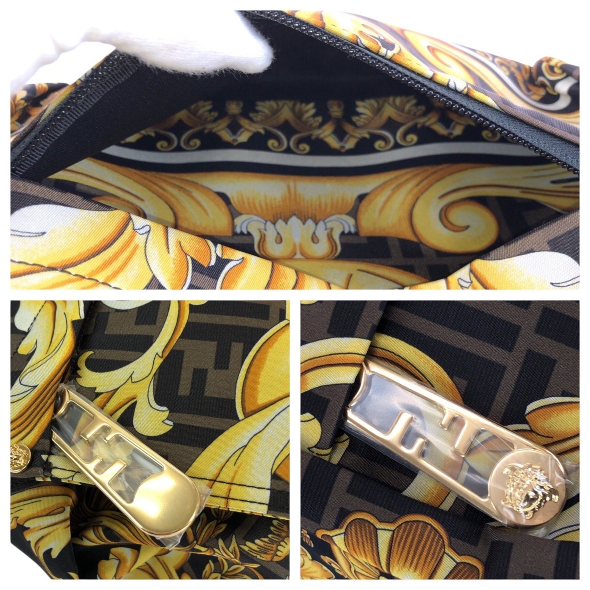FENDI x VERSACE Backpack (7VZ066) - Black, Brown, Yellow, Gold Hardware, Nylon, Women's — Like New