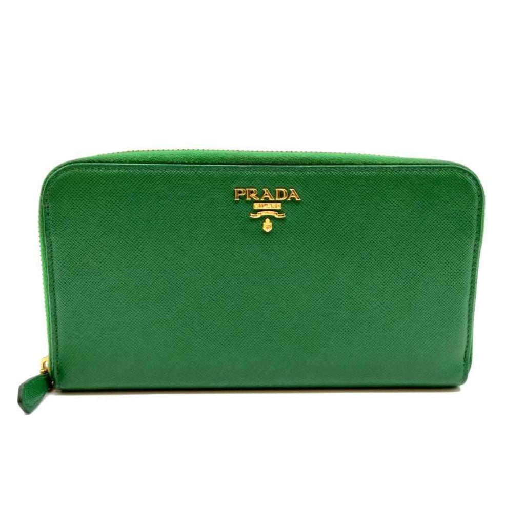 Prada round long wallet in green Saffiano leather.
