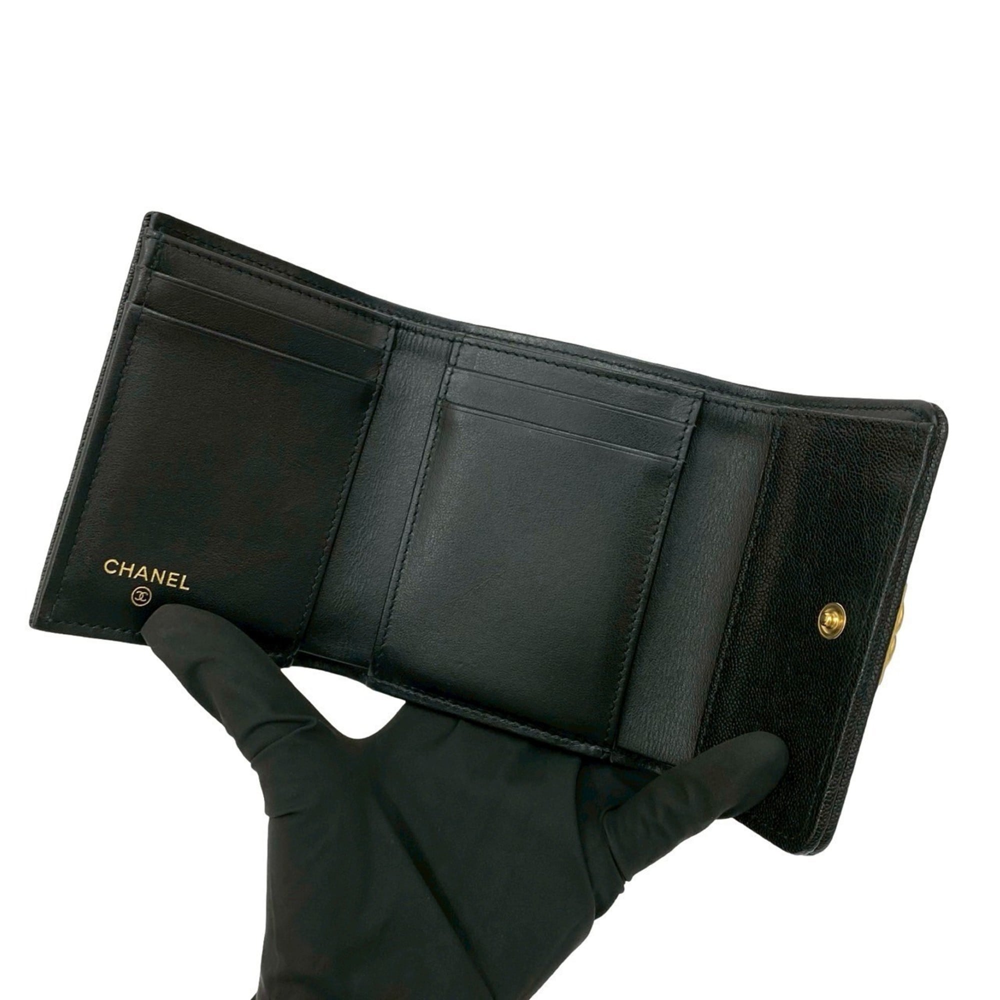 CHANEL Boy Chanel Coco Mark Caviar Leather Tri-fold Wallet, Black, 41144