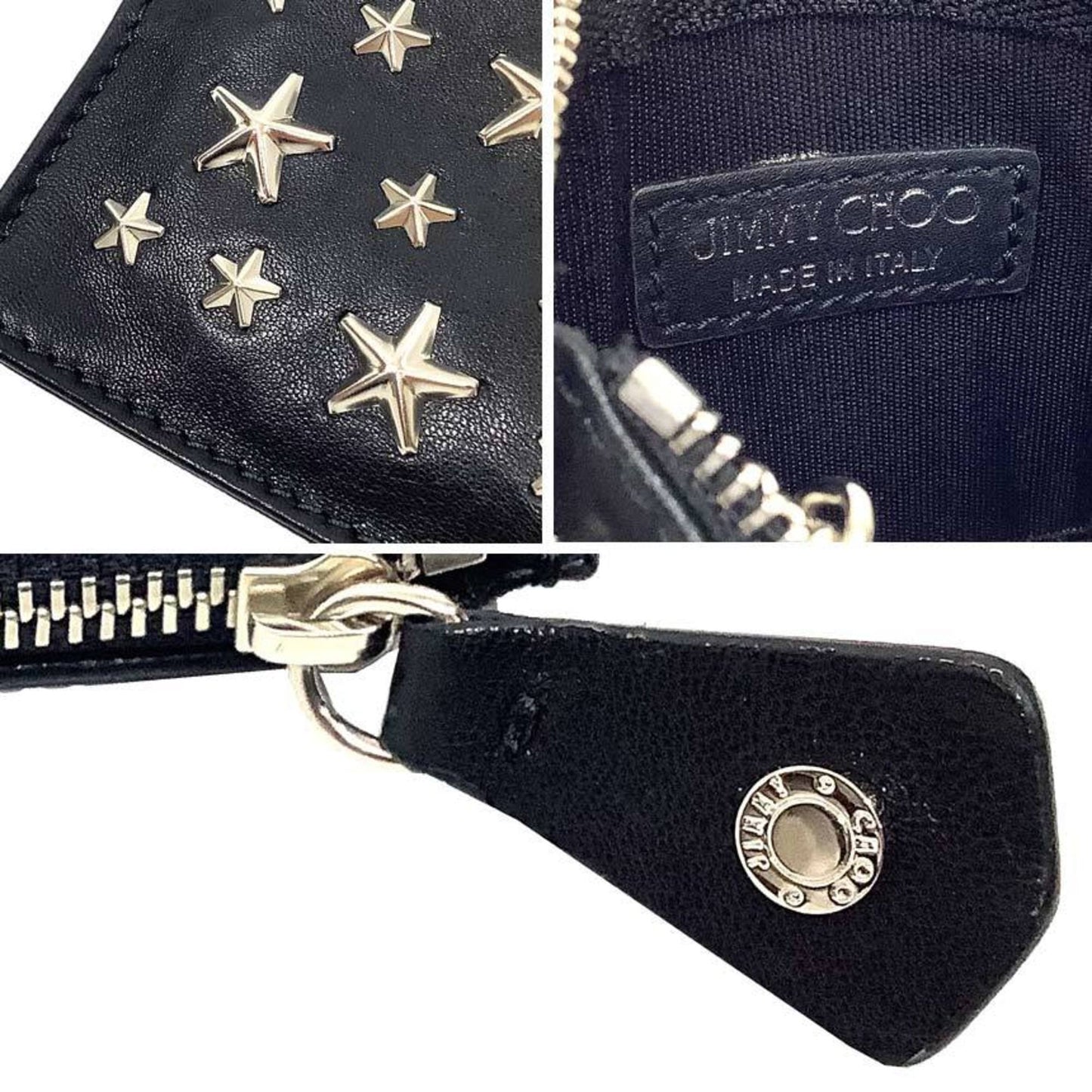 JIMMY CHOO NANCY silver star stud leather key case in black. Coin and wallet for men women. Unisex.