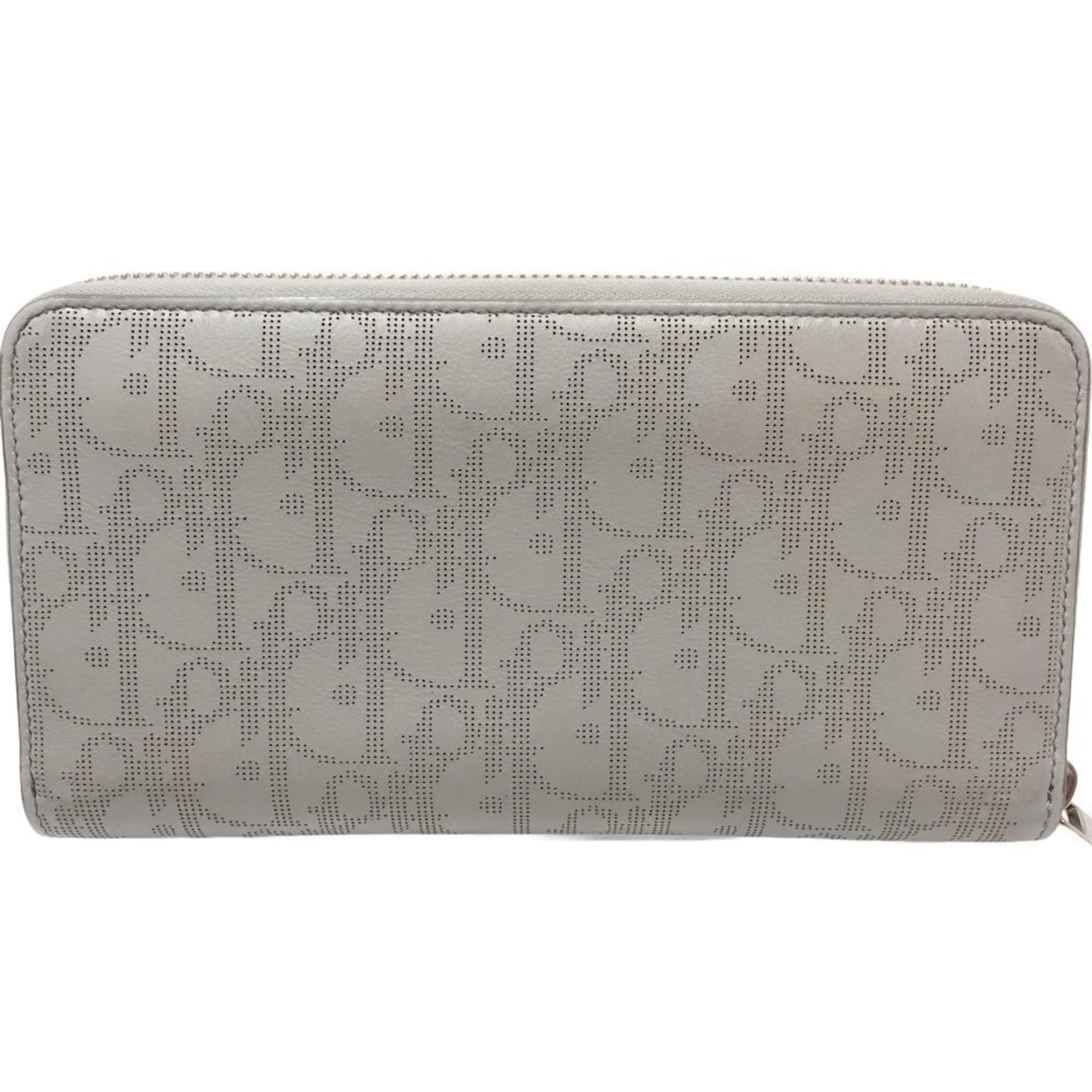 Christian Dior Long Wallet 10-BO-0232 Oblique Calfskin Leather Zip Gray 181156