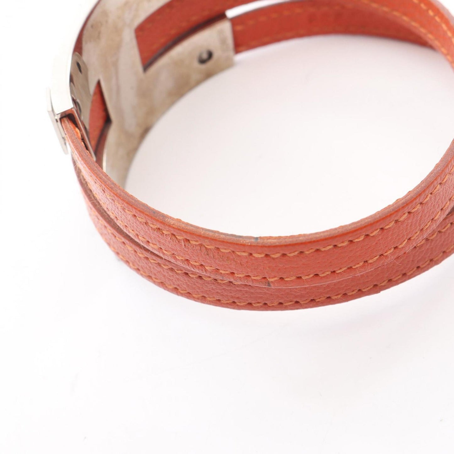 Hermes Hermès Puspus MM Bracelet, Stainless Steel, Chevre, Women's, Orange and Silver