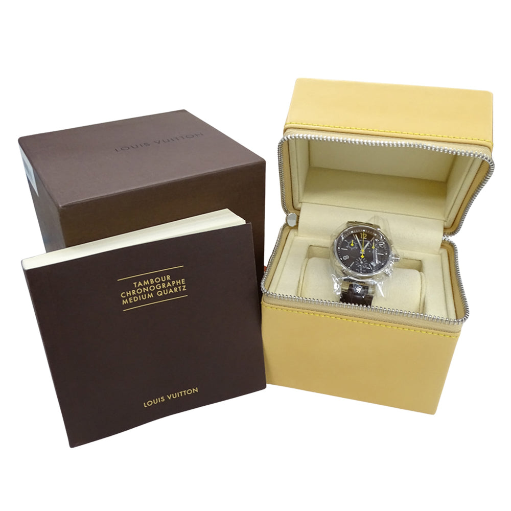 Louis Vuitton LOUIS VUITTON Boys' Watch Tambour Chronograph Date Quartz QZ Stainless Steel SS Leather Q1321 Silver Brown — Good