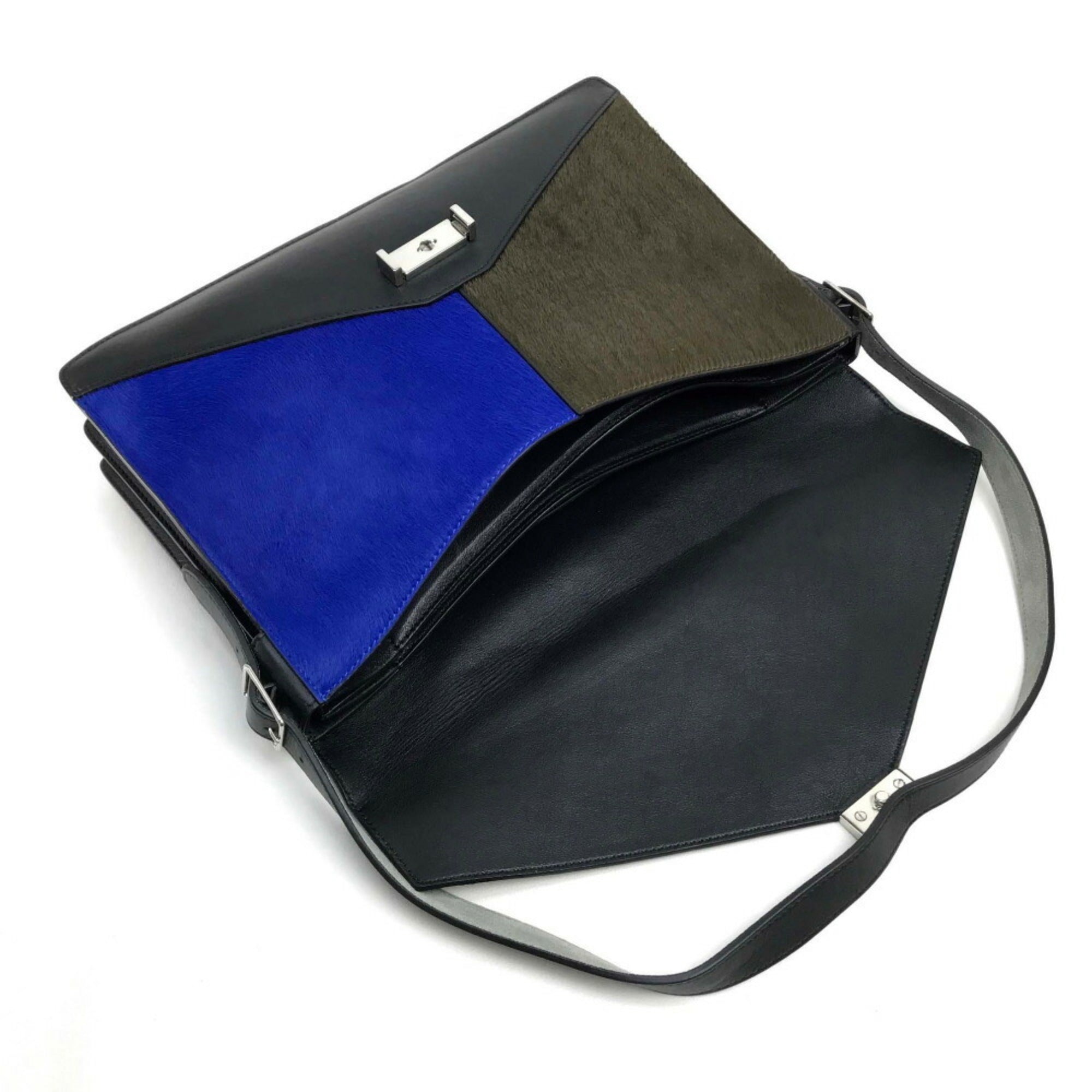 CELINE Celine Bag Metal fittings Diamond clutch Shoulder bag Clutch Suede Leather Pony Women's Gray x Black — Like New