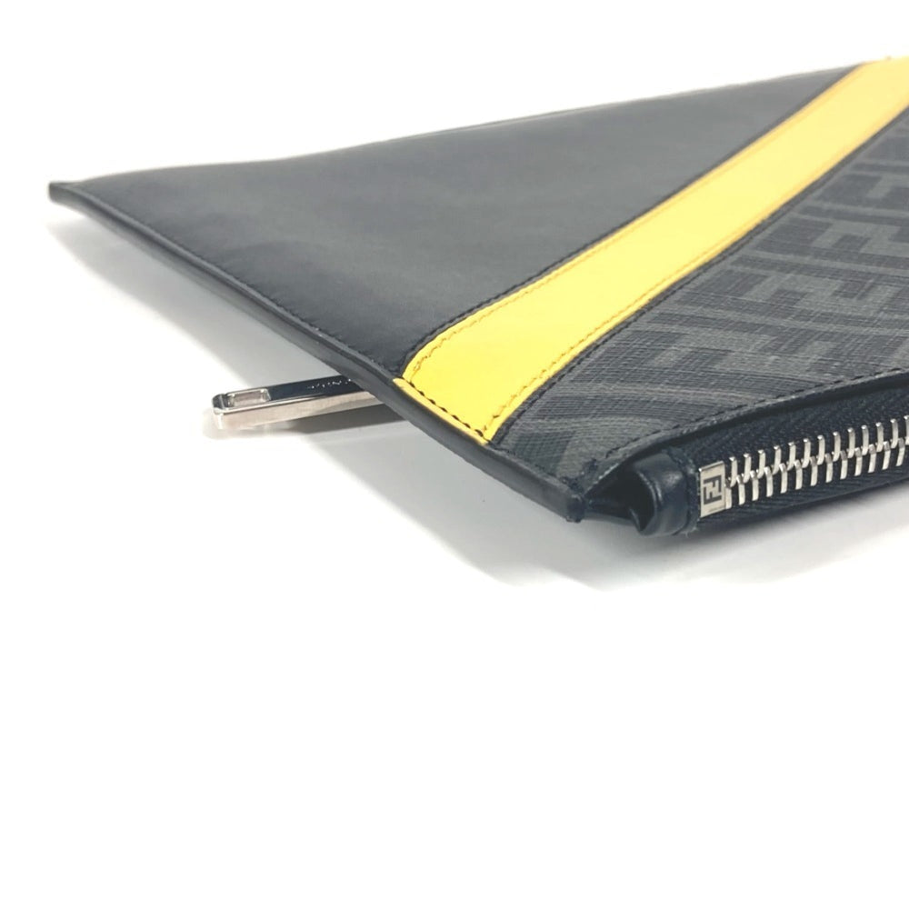 FENDI 7N0110 Flat Diagonal Zucca Second Bag Pouch Clutch Leather Men's Black x Yellow Gray E-240828-5 — Like New