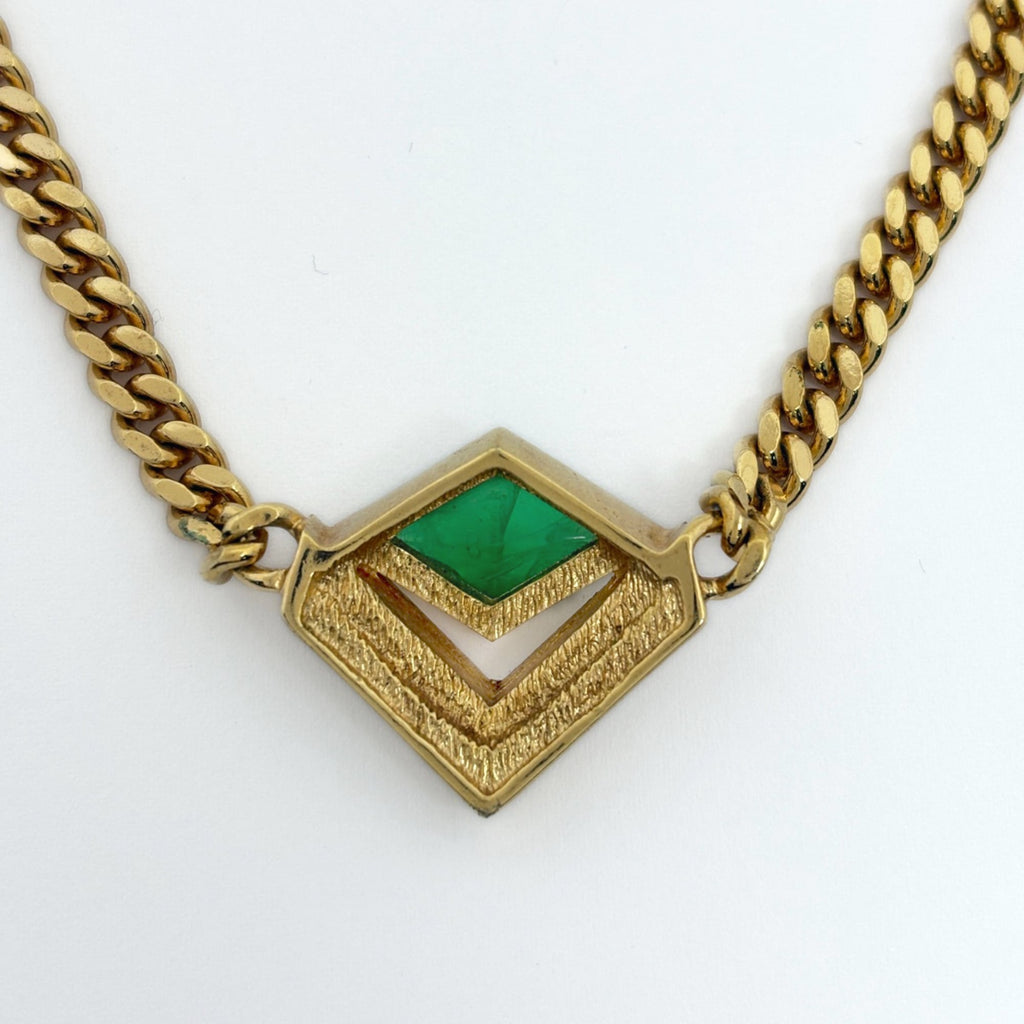 Christian Dior Rhinestone Chain Necklace, Color Stone GP Gold, Green, Women's