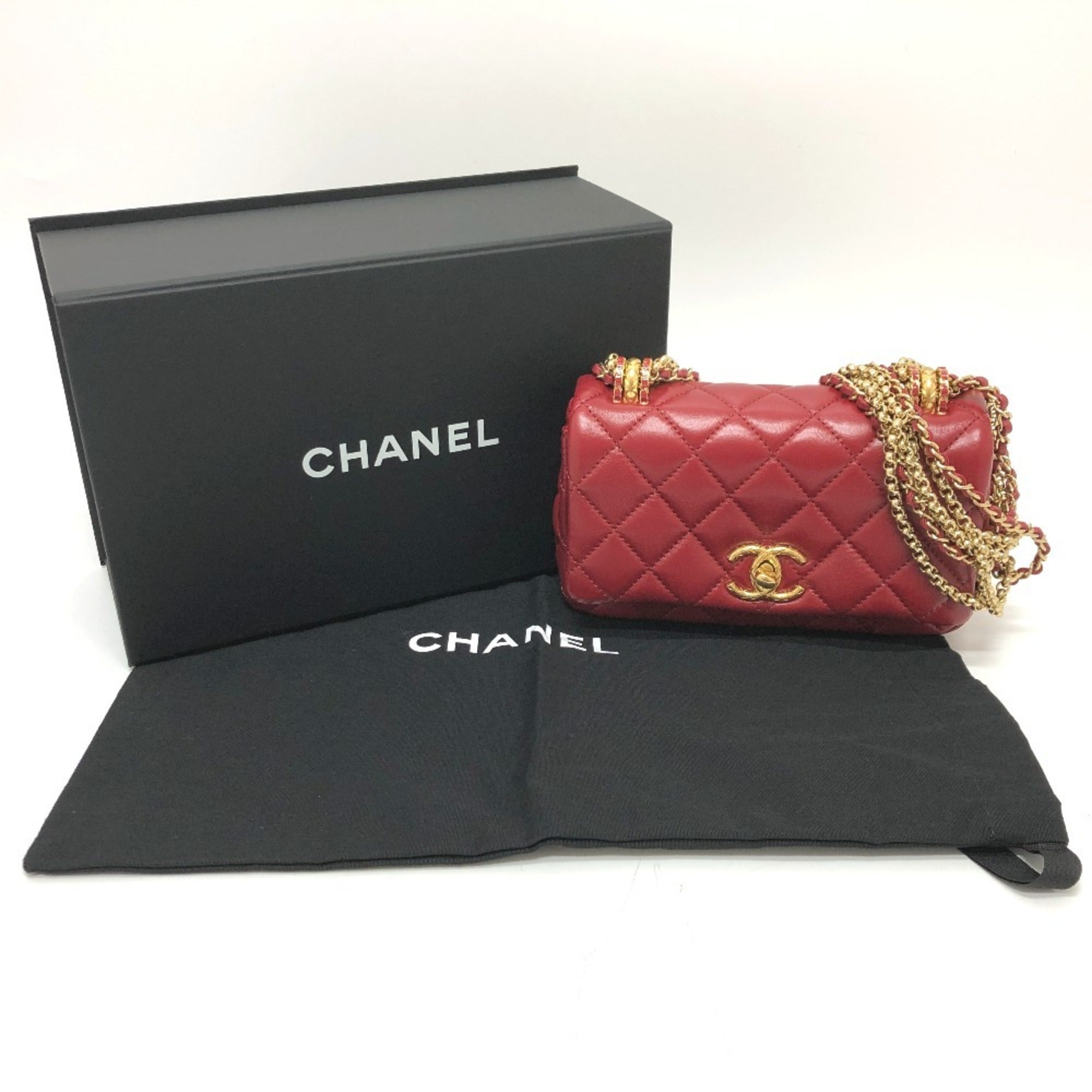 CHANEL Coco Mark Matelasse 3 Chain Shoulder Bag Lambskin Women's Red — New - Store Return